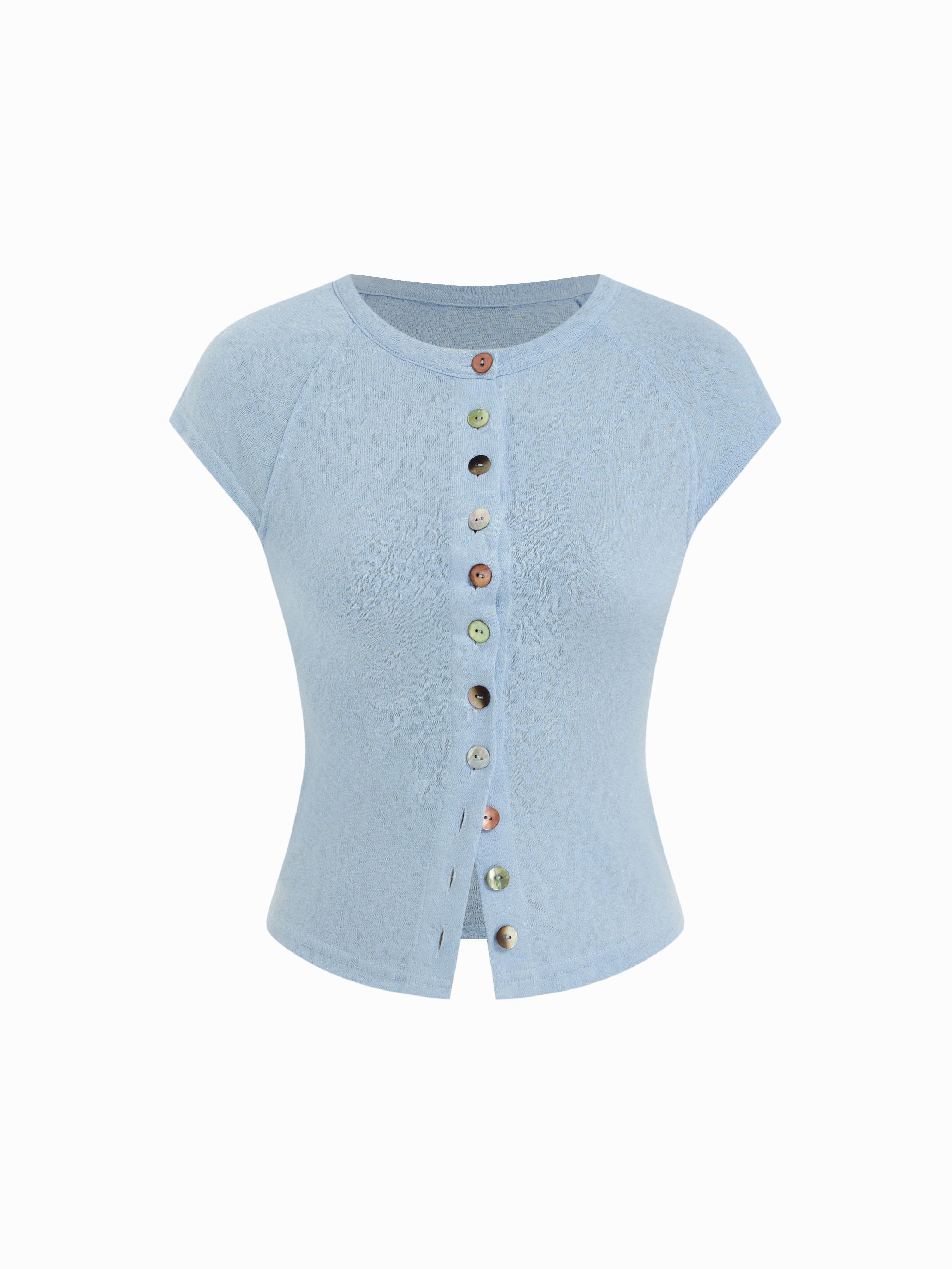 Round Neckline Short Sleeve See-through Button Front Blouse by CIDER