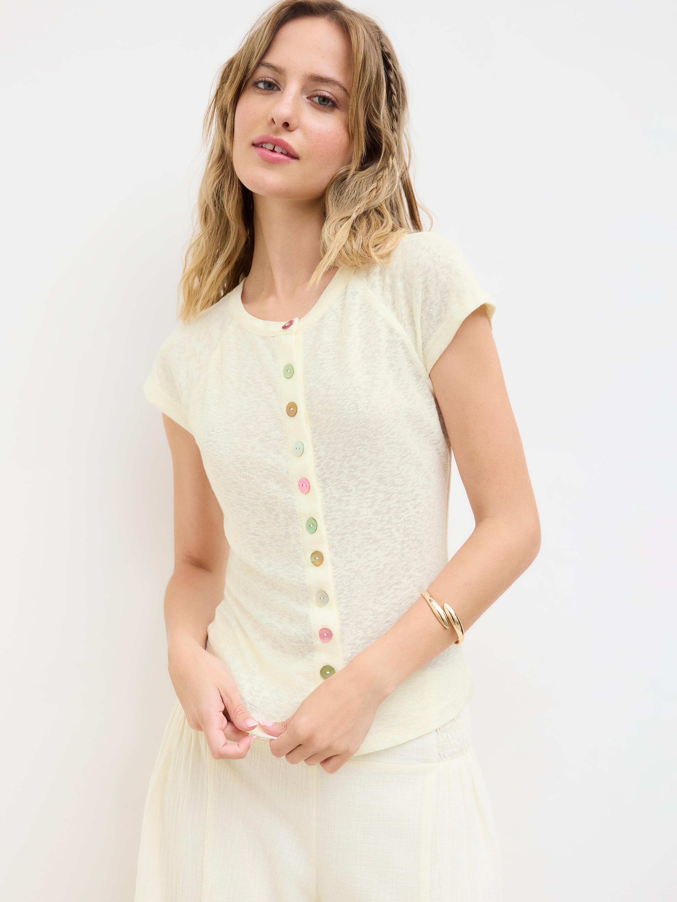 Round Neckline Short Sleeve See-through Button Front Blouse by CIDER