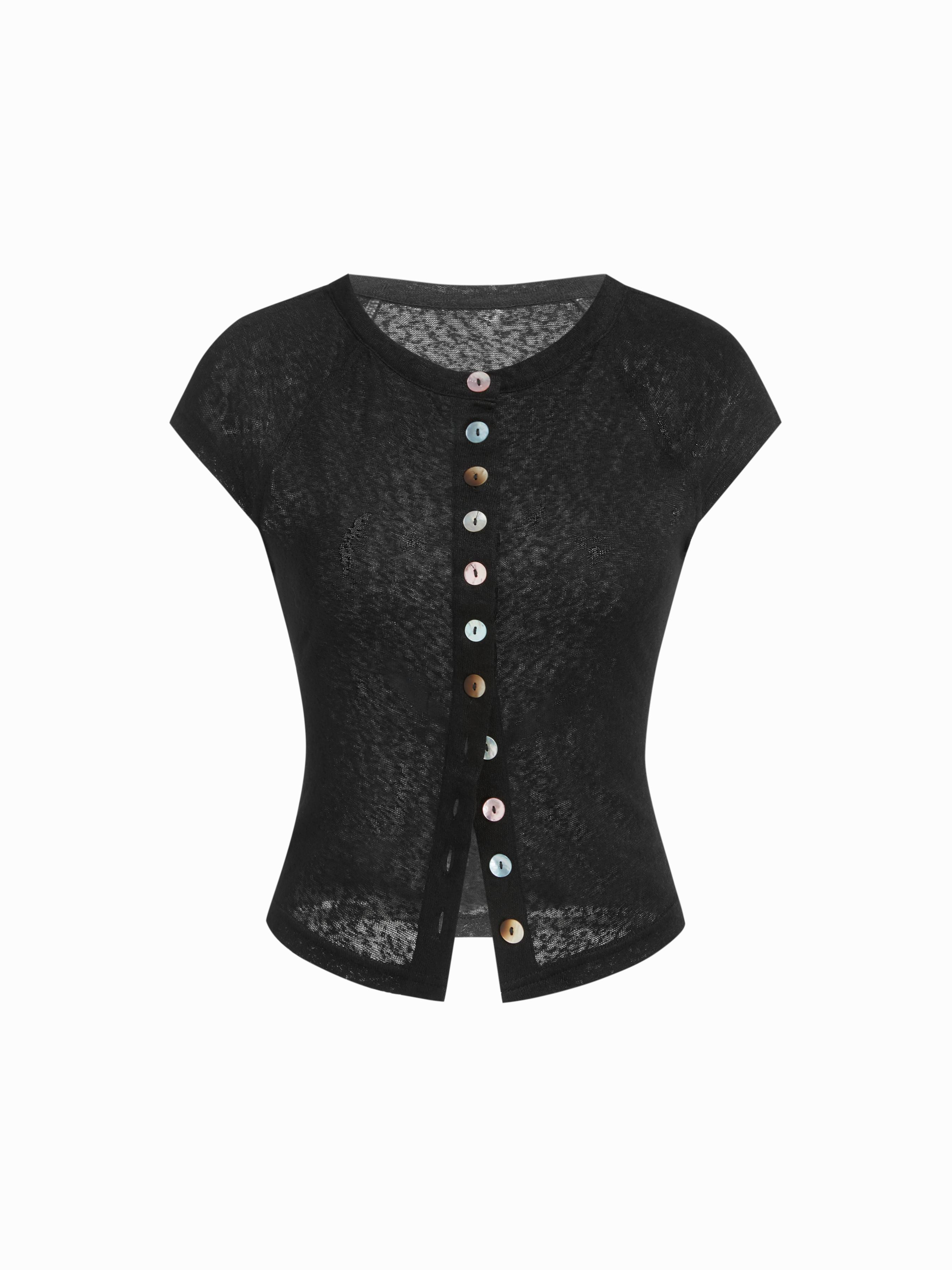 Round Neckline Short Sleeve See-through Button Front Blouse by CIDER