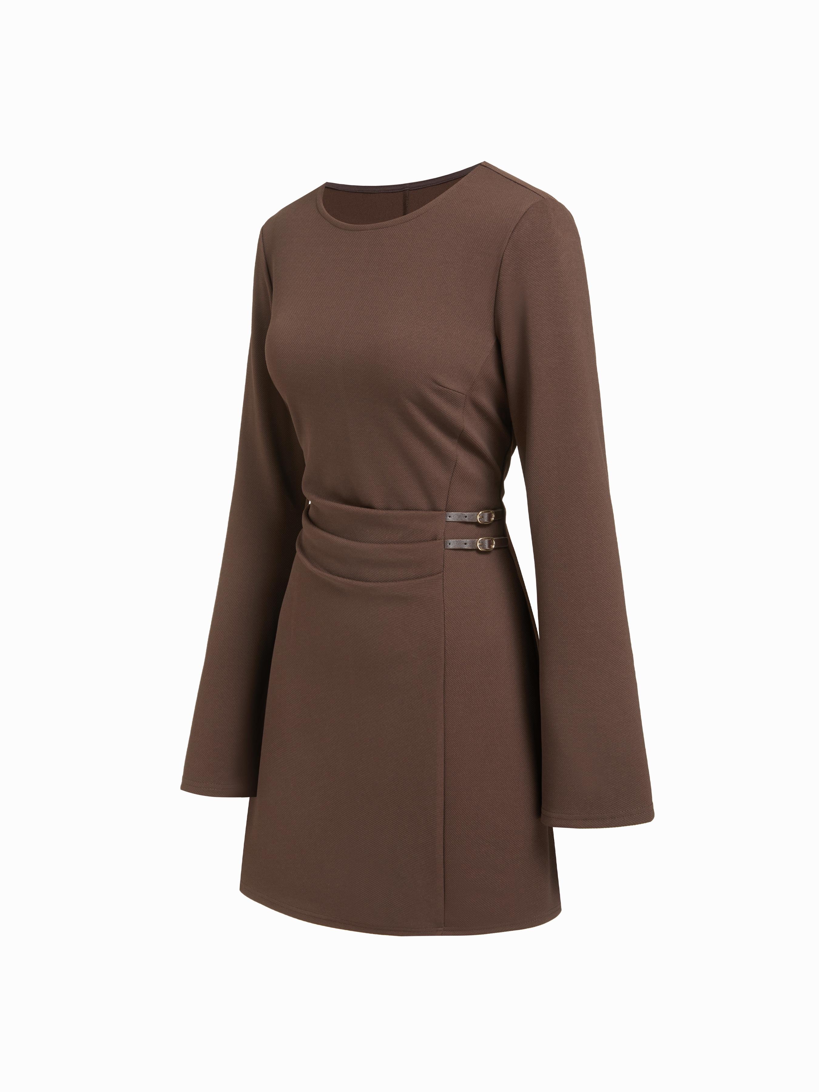 Round Neckline Side Belted Pleated Bell Sleeve Mini Dress by CIDER