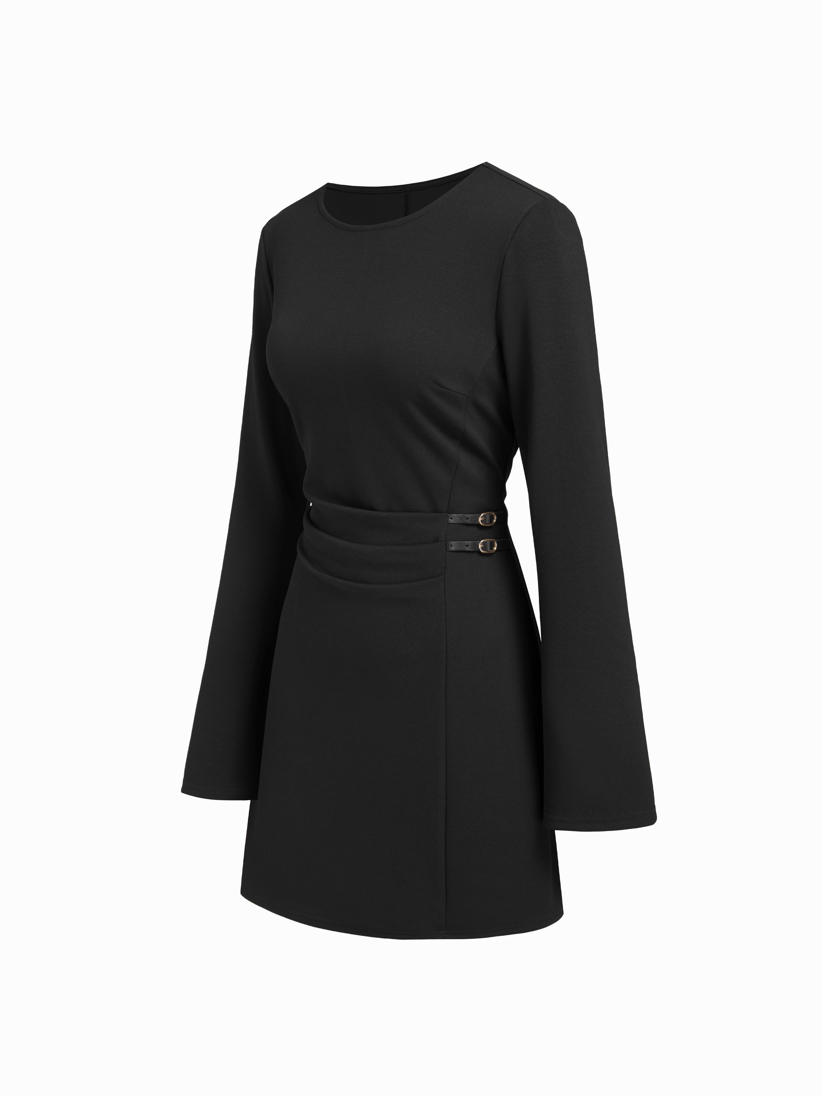 Round Neckline Side Belted Pleated Bell Sleeve Mini Dress by CIDER