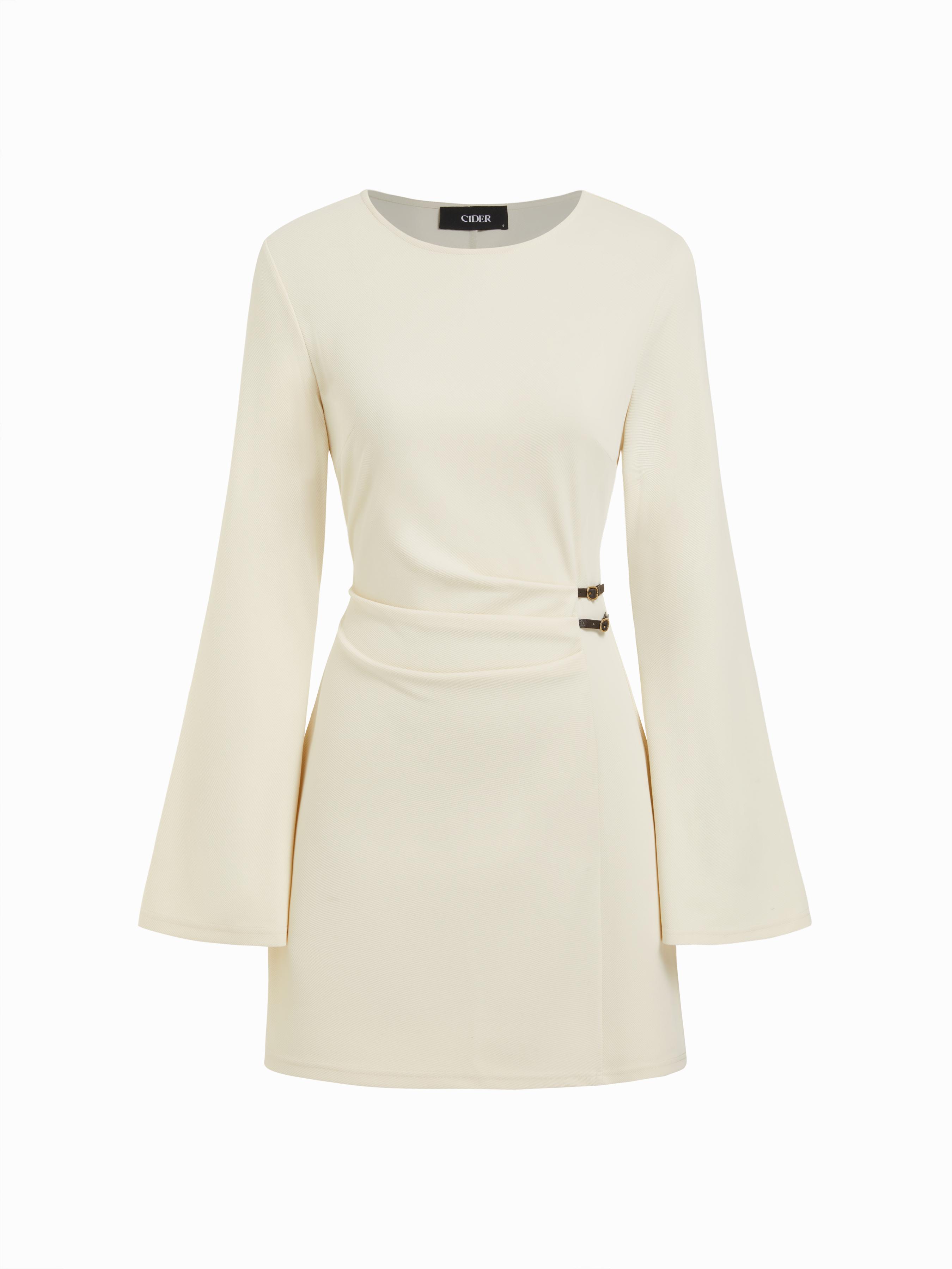 Round Neckline Side Belted Pleated Bell Sleeve Mini Dress by CIDER