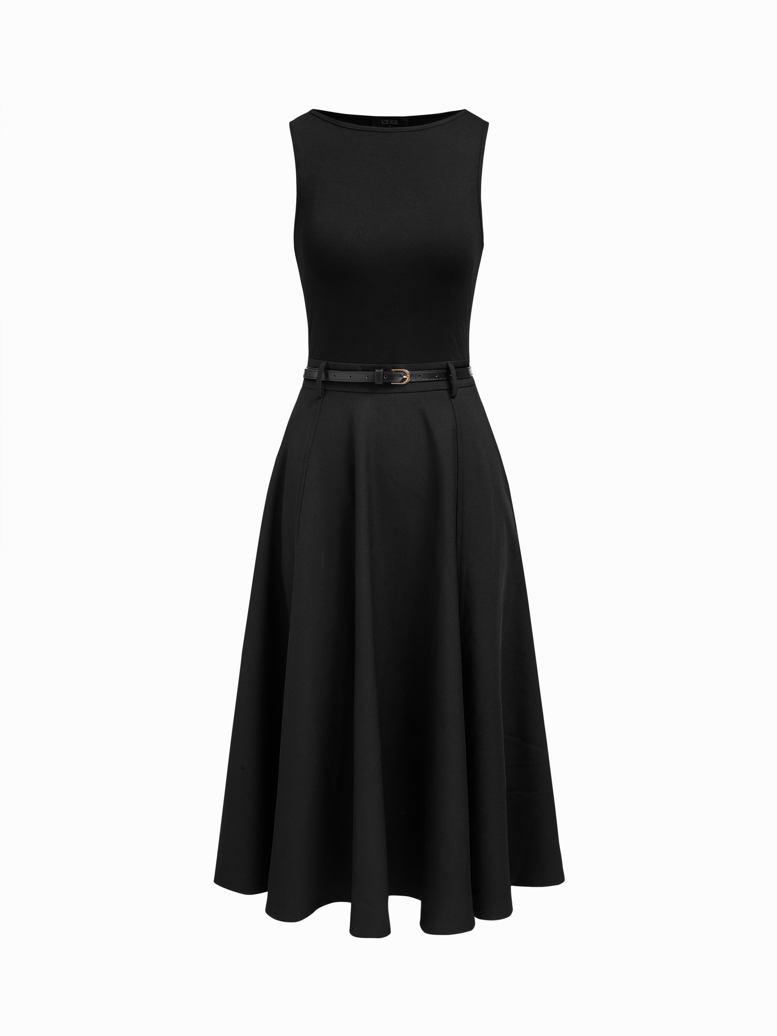 Round Neckline Sleeveless Pocket Midi Flared Dress With Belt by CIDER