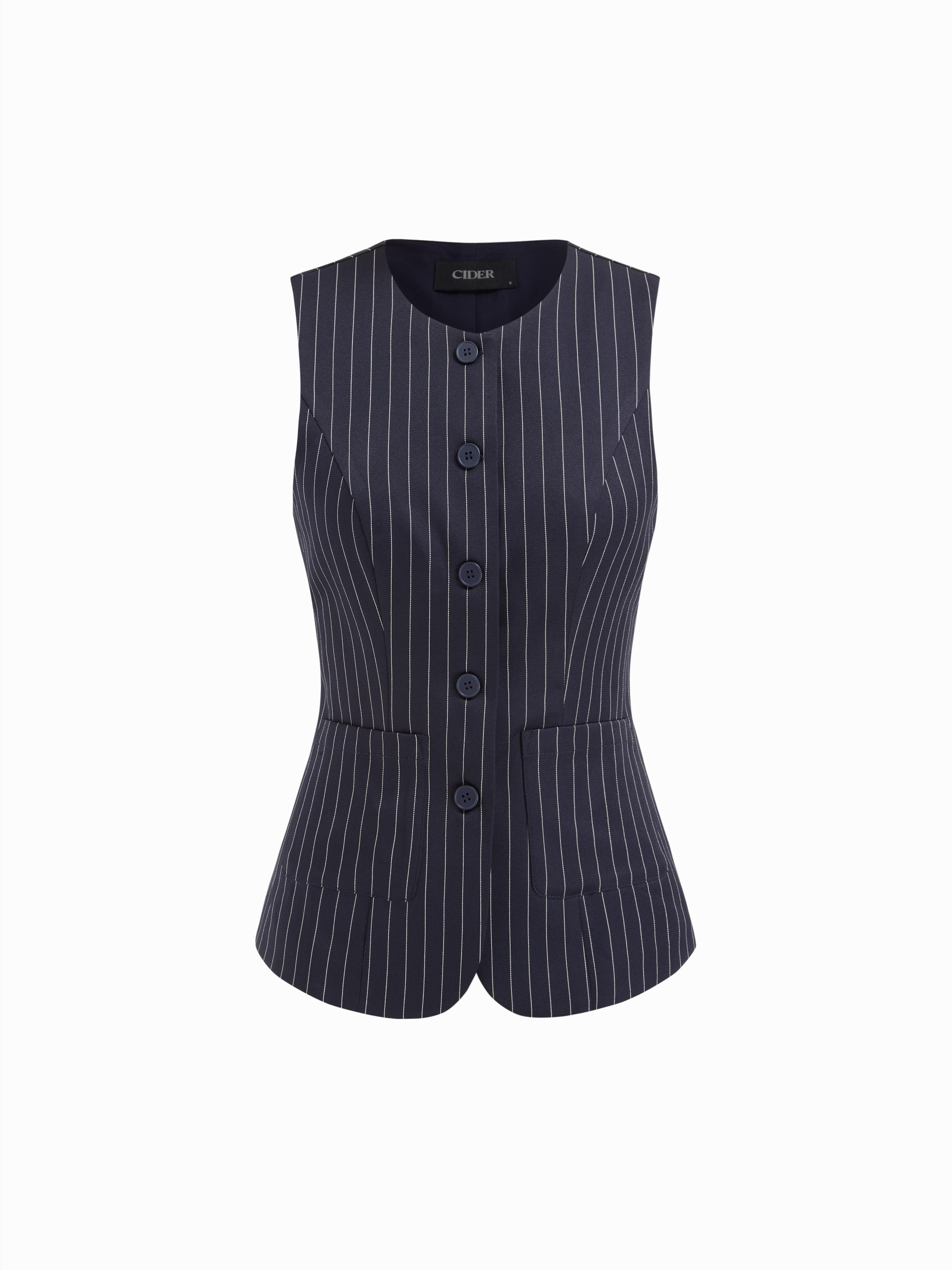 Round Neckline Sleeveless Striped Tie Back Split Blazer Vest by CIDER