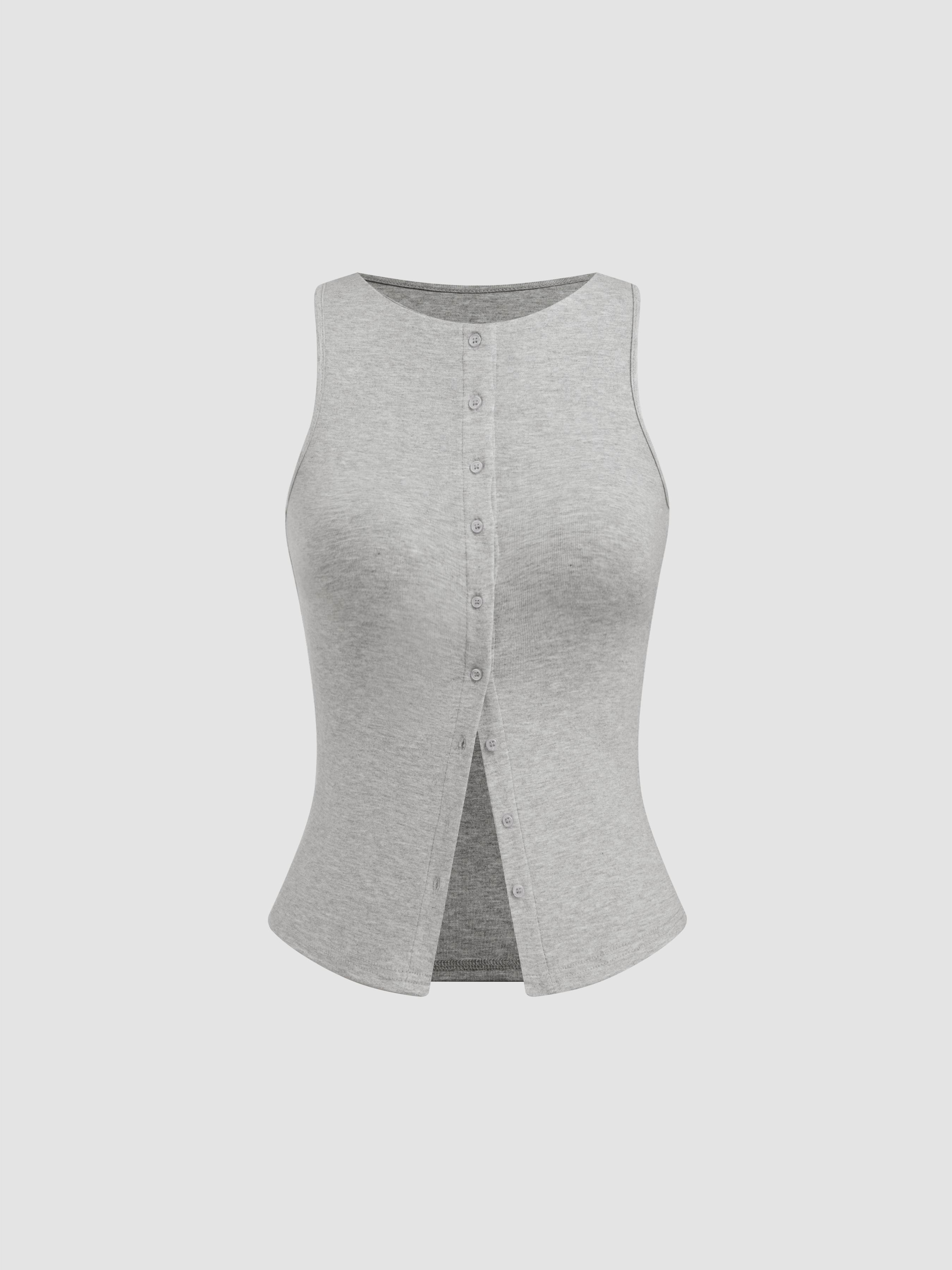 Round Neckline Solid Button Crop Tank Top by CIDER
