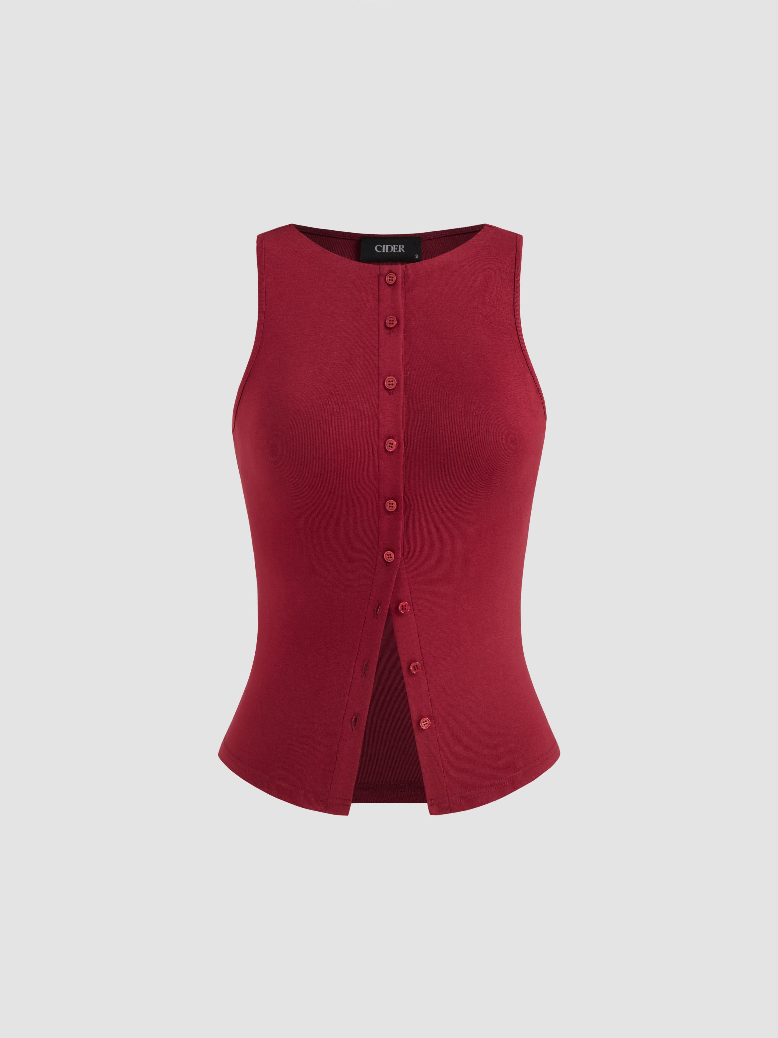 Round Neckline Solid Button Crop Tank Top by CIDER