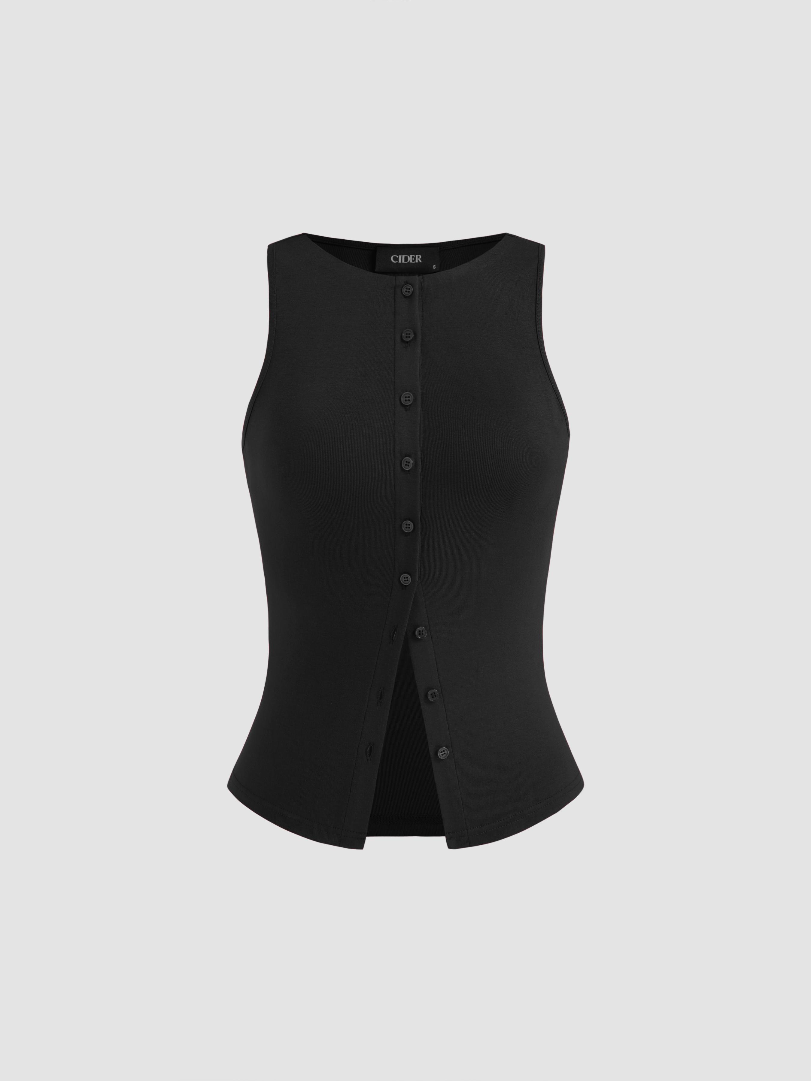 Round Neckline Solid Button Crop Tank Top by CIDER