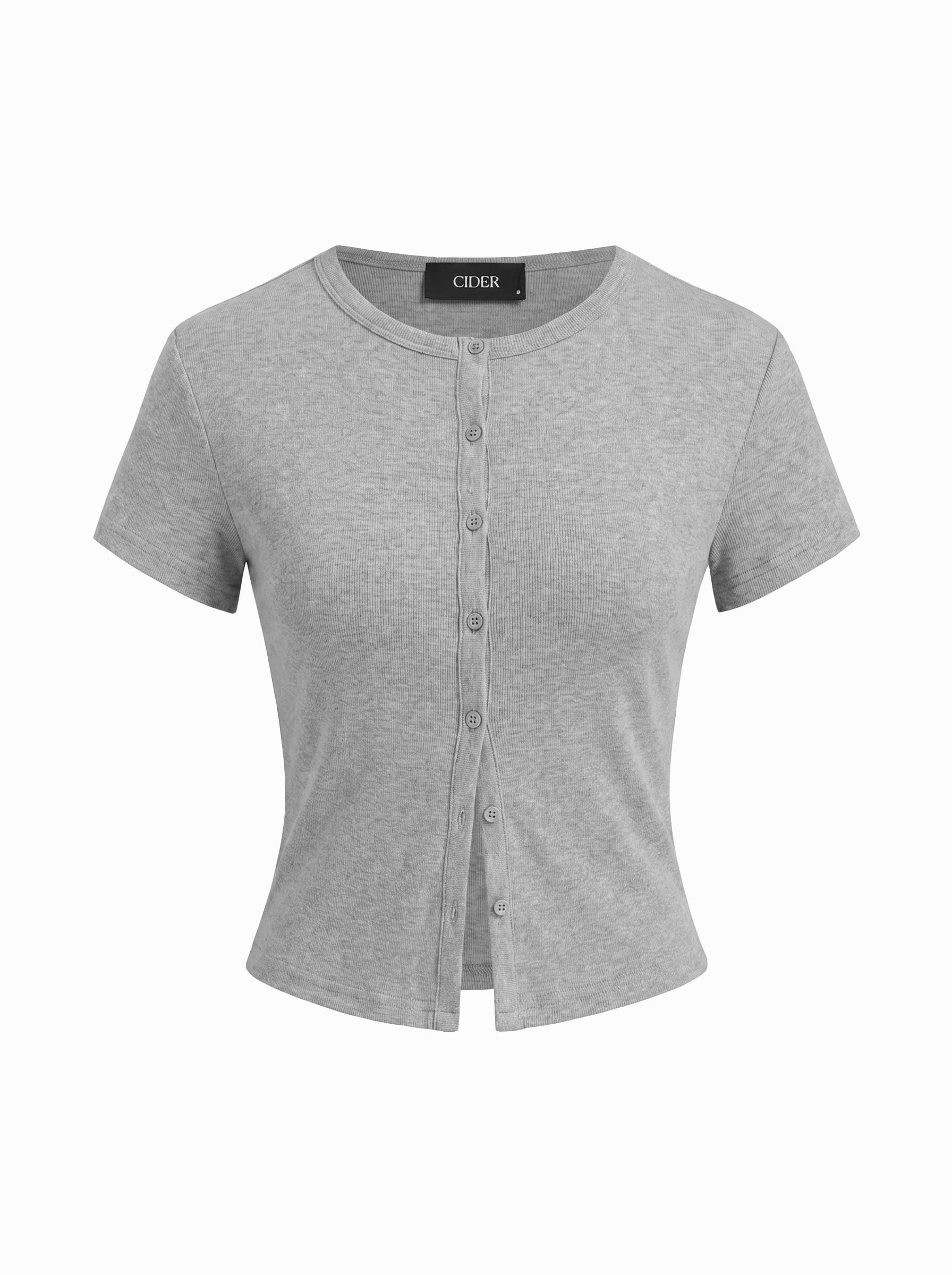Round Neckline Solid Button Short Sleeve Top by CIDER