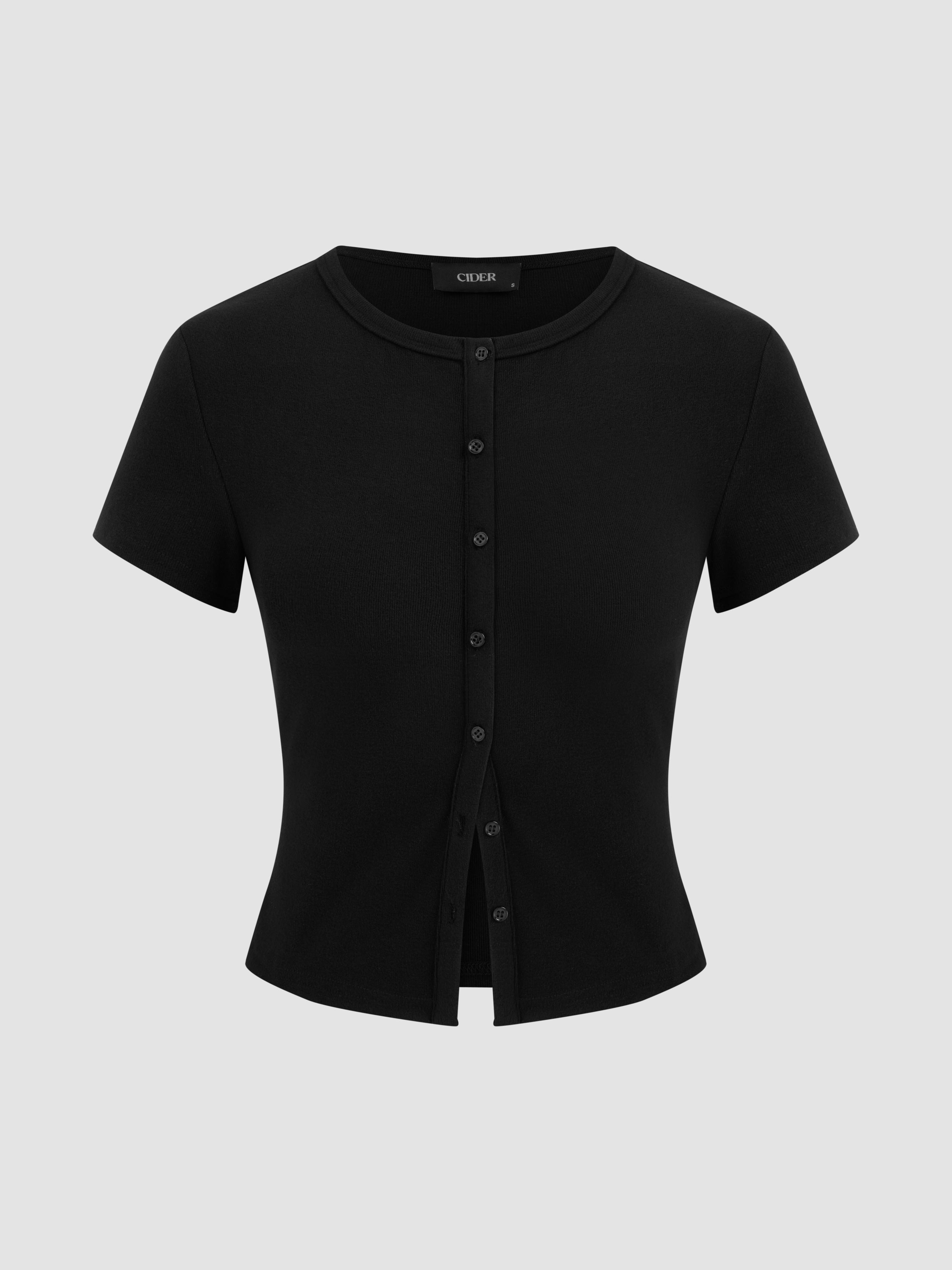 Round Neckline Solid Button Short Sleeve Top by CIDER