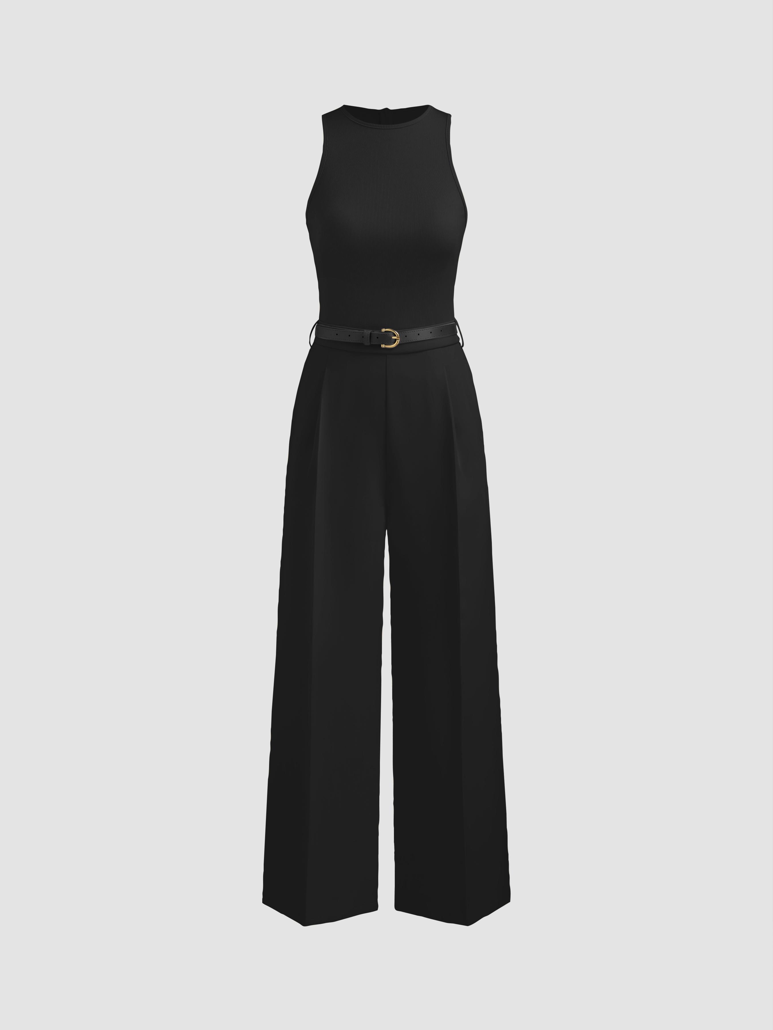 Round Neckline Solid Pocket Zipper Jumpsuit With Belt by CIDER