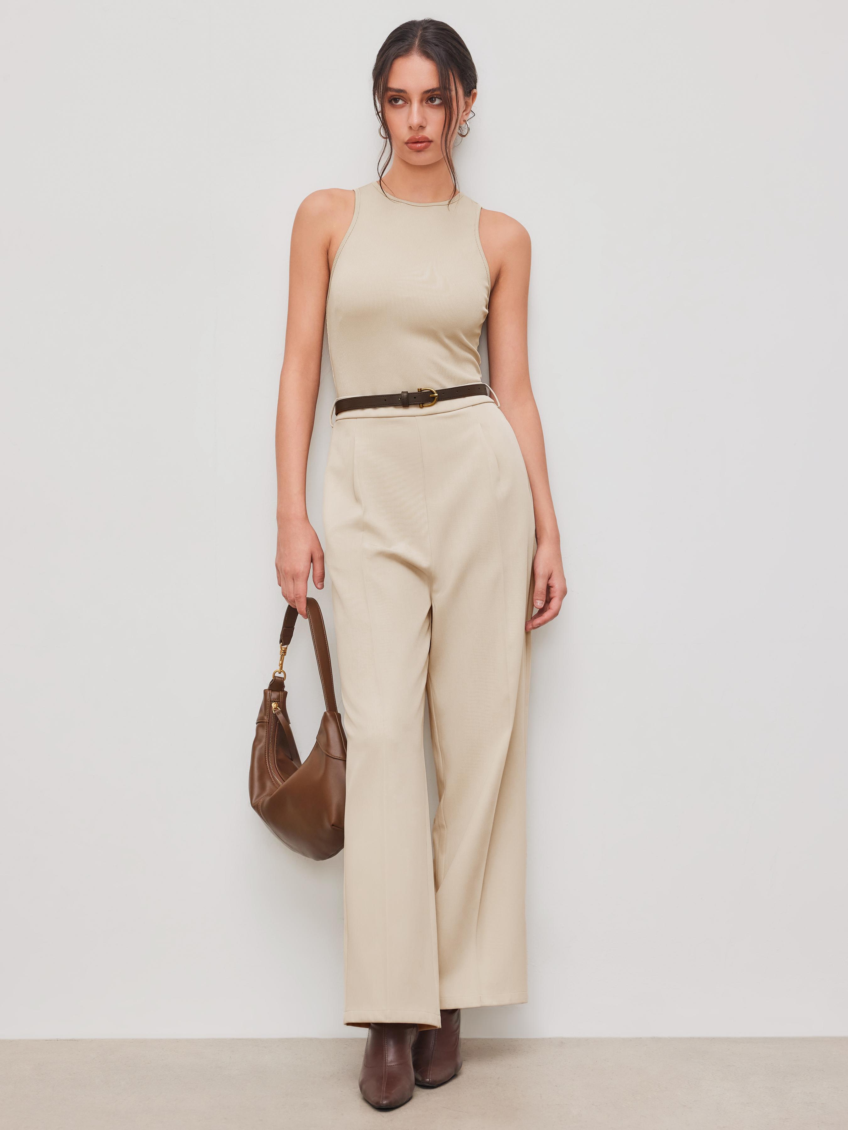 Round Neckline Solid Pocket Zipper Jumpsuit With Belt by CIDER