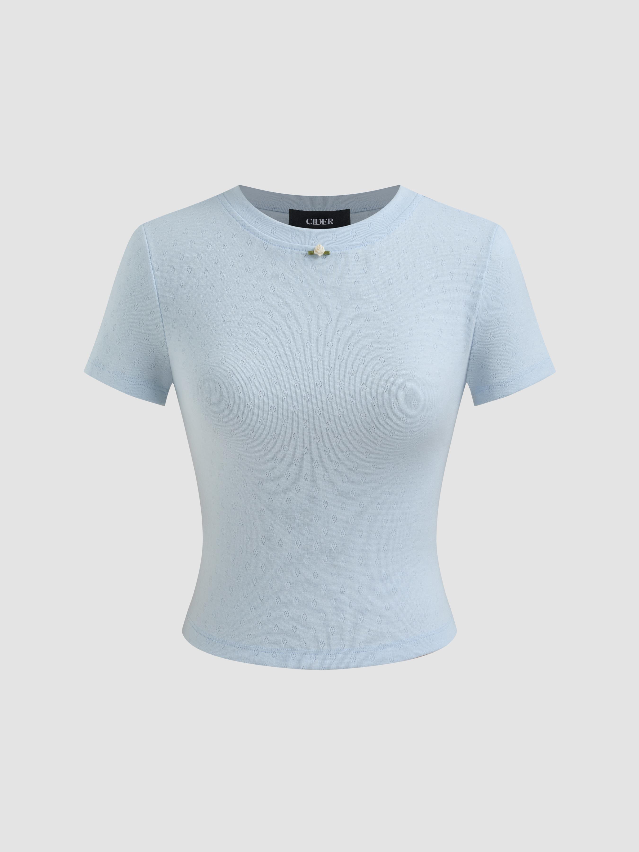 Round Neckline Solid Rosette Short Sleeve Tee by CIDER