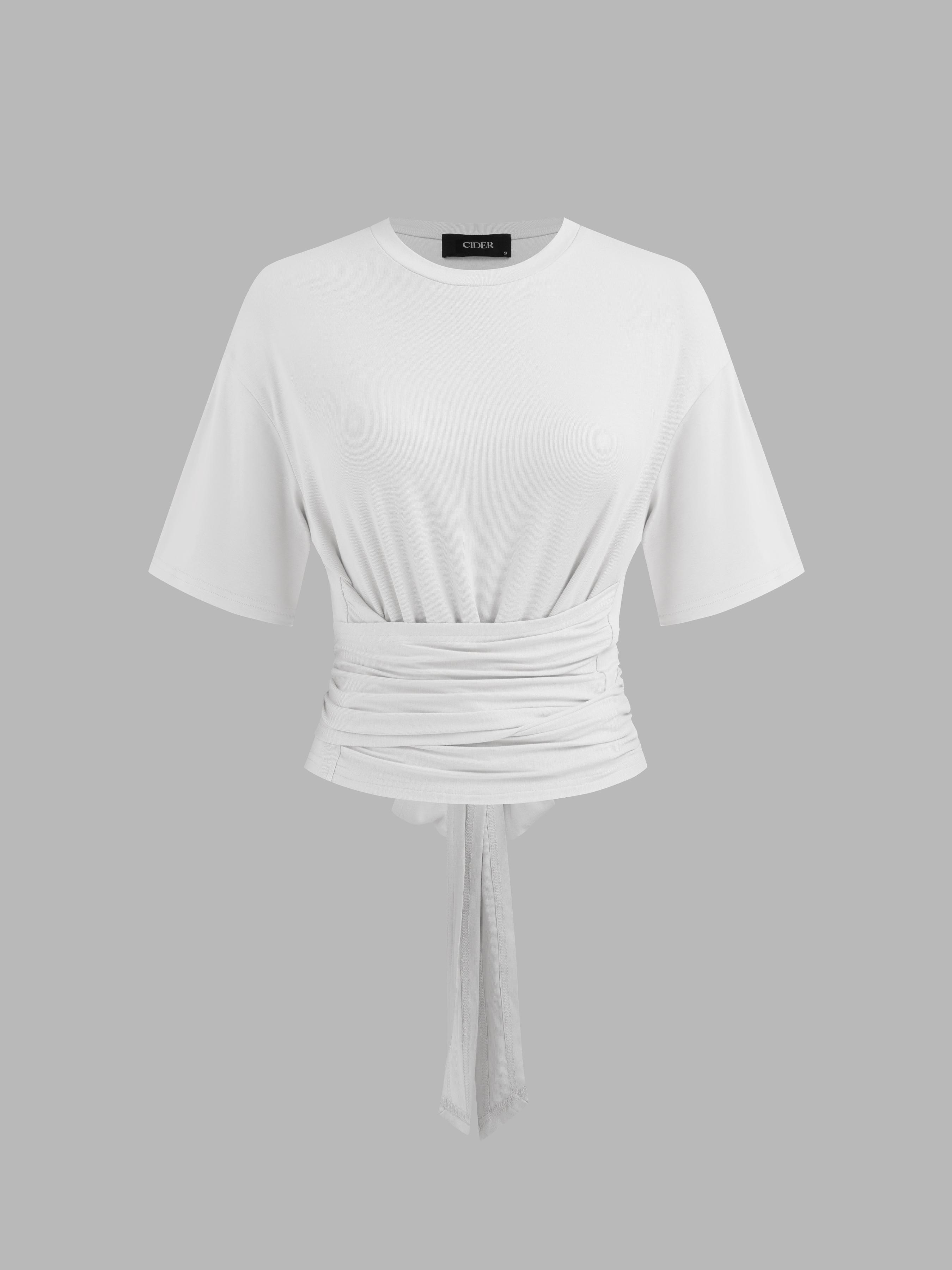 Round Neckline Solid Ruched Knotted Short Sleeve Tee by CIDER