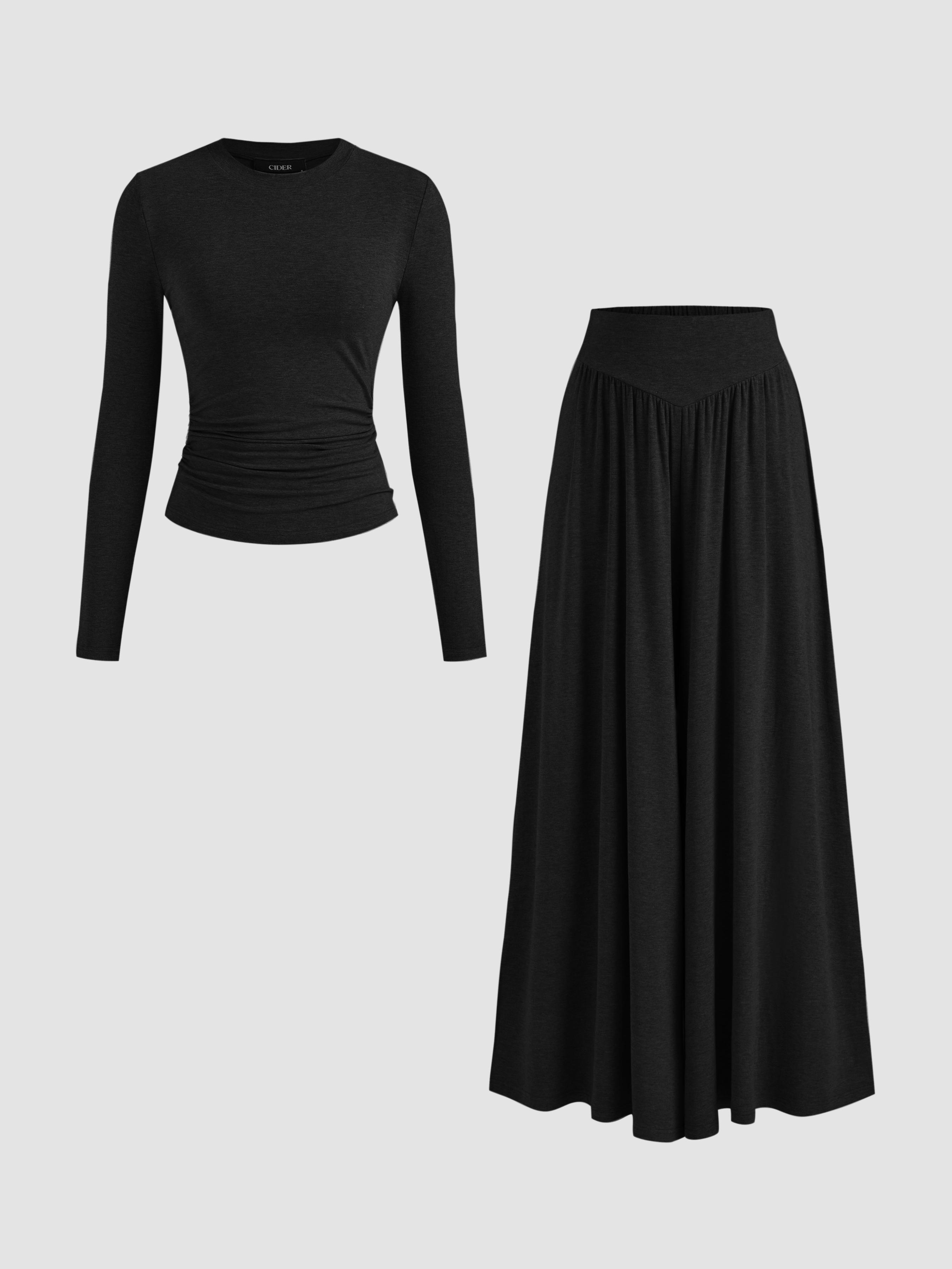 Round Neckline Solid Ruched Long Sleeve Top & Mid Rise Ruffle Hem Trousers Set by CIDER