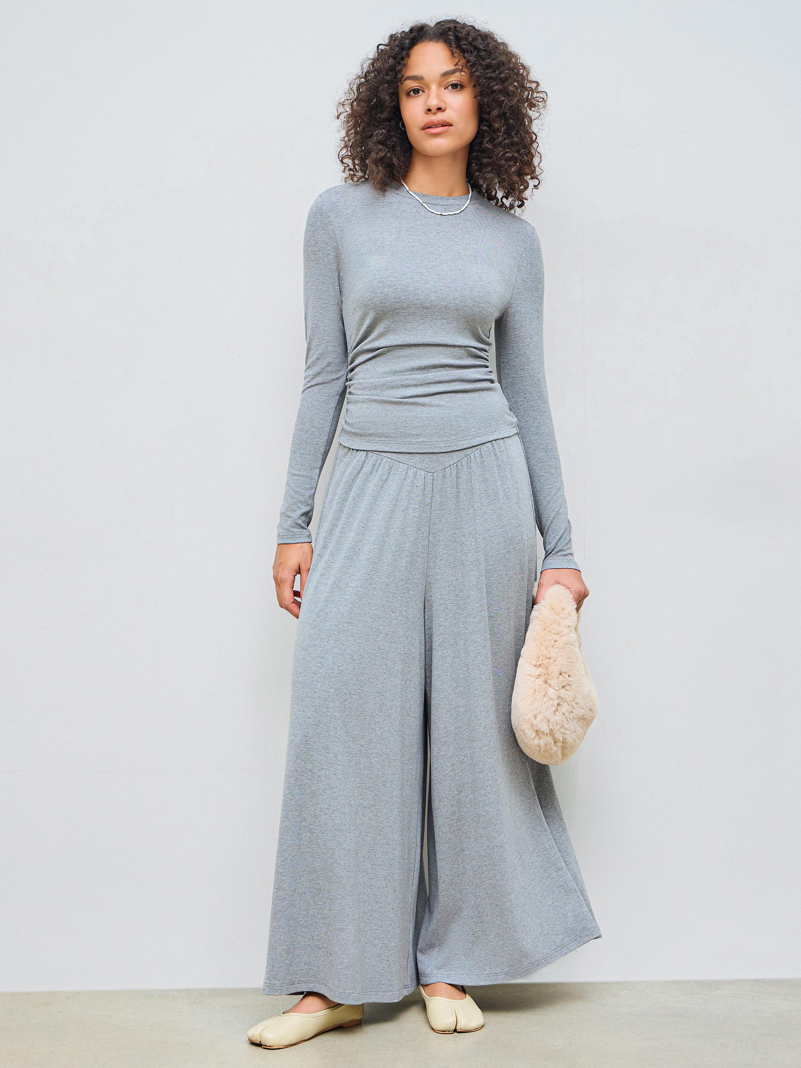Round Neckline Solid Ruched Long Sleeve Top & Mid Rise Ruffle Hem Trousers Set by CIDER