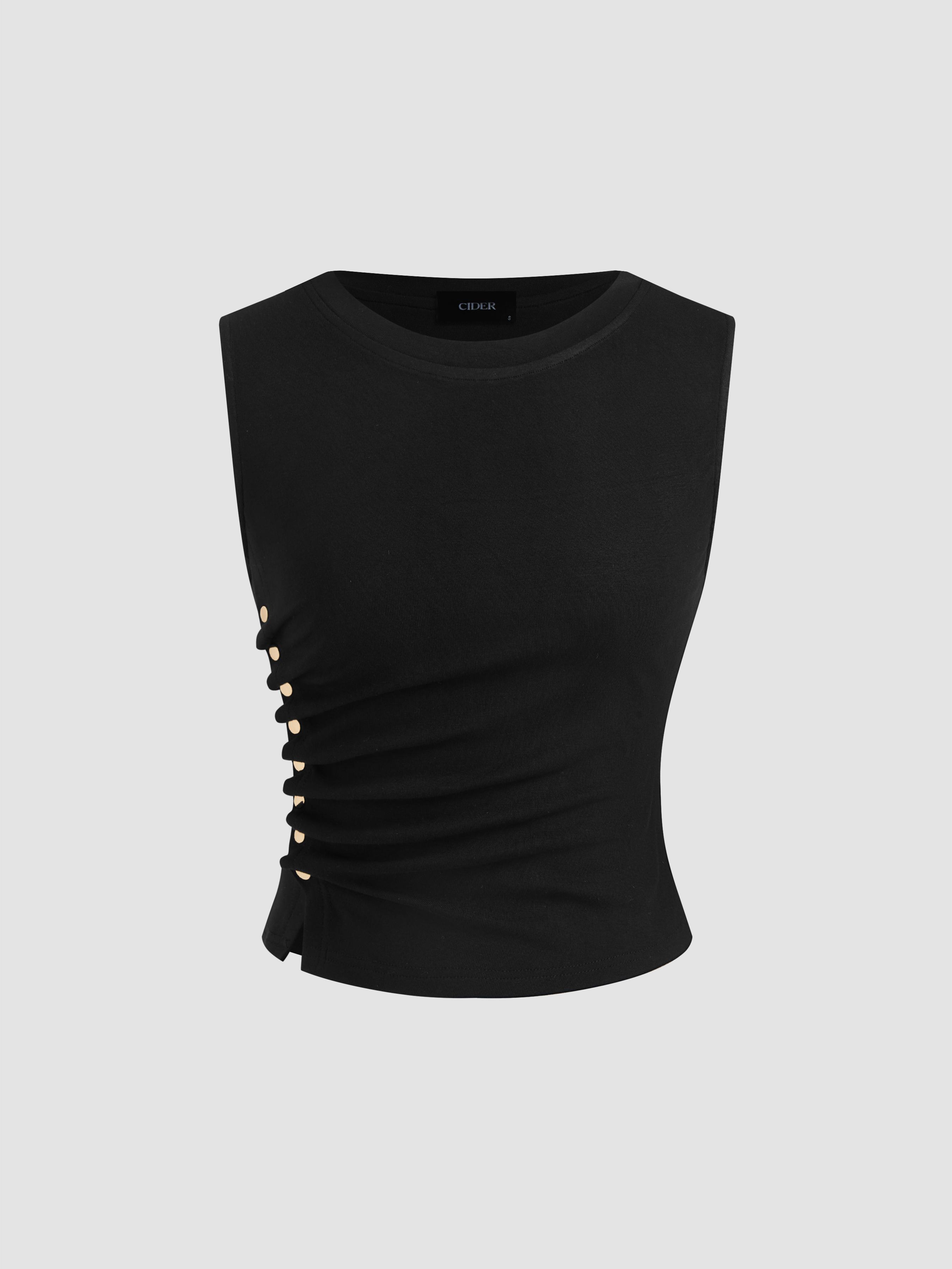 Round Neckline Solid Ruched Tank Top by CIDER