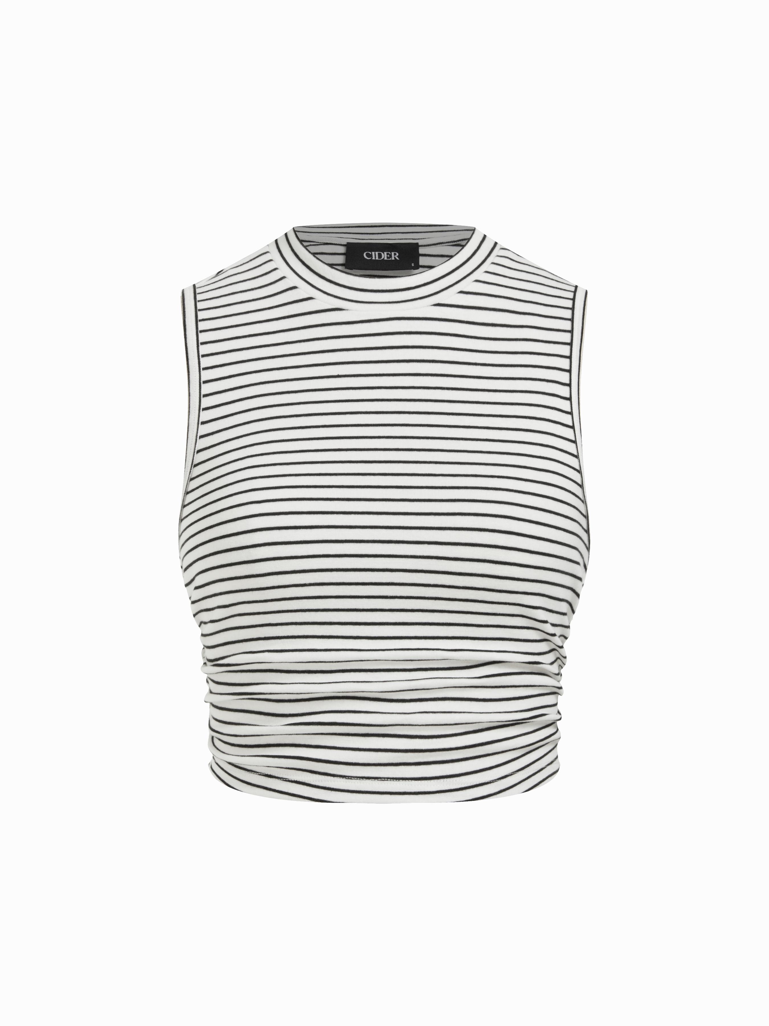 Round Neckline Solid Sleeveless Ruched Crop Top by CIDER