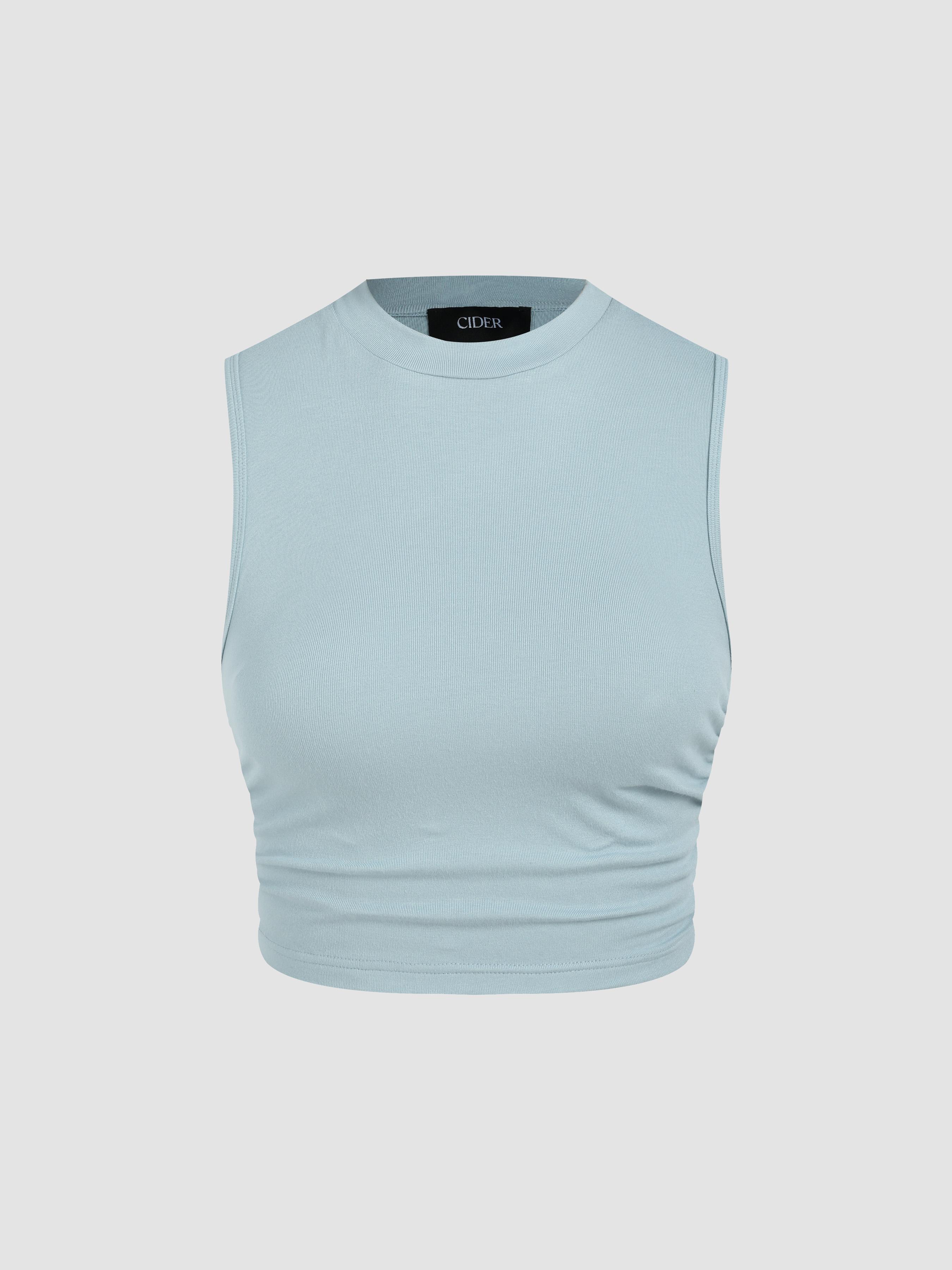 Round Neckline Solid Sleeveless Ruched Crop Top by CIDER