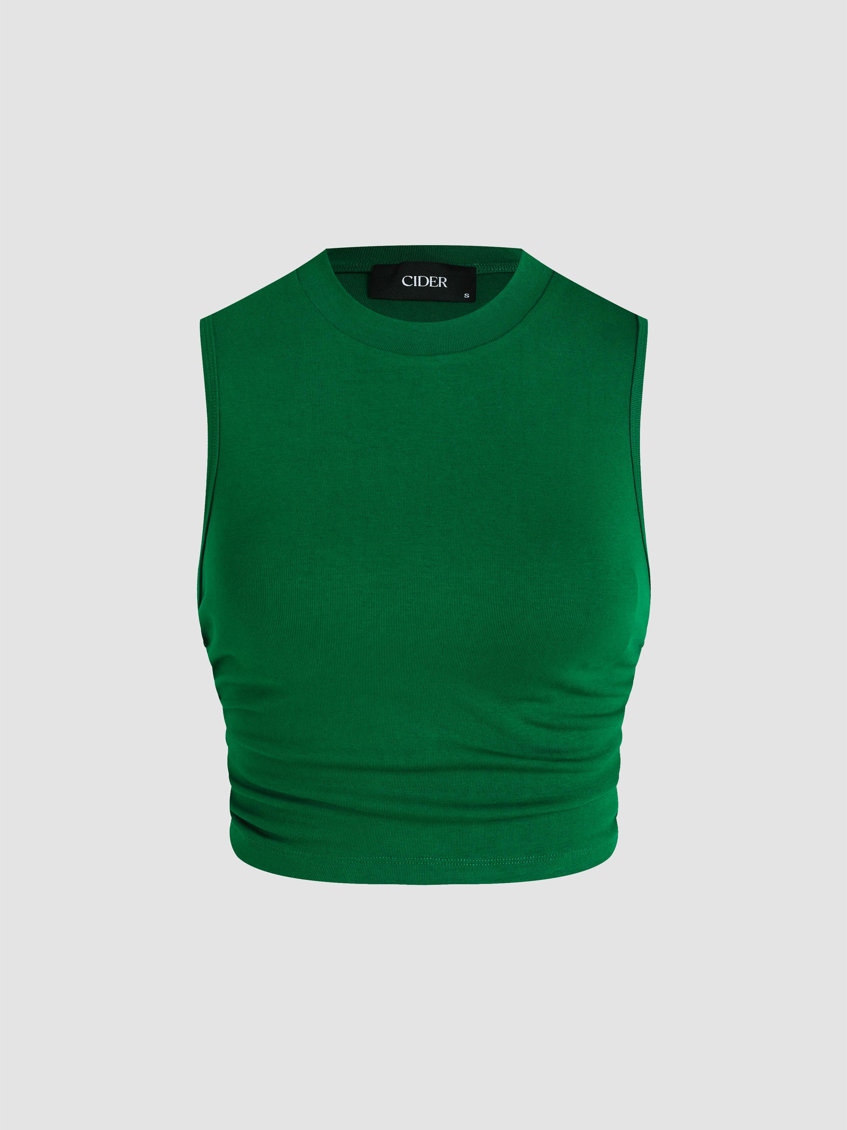 Round Neckline Solid Sleeveless Ruched Crop Top by CIDER