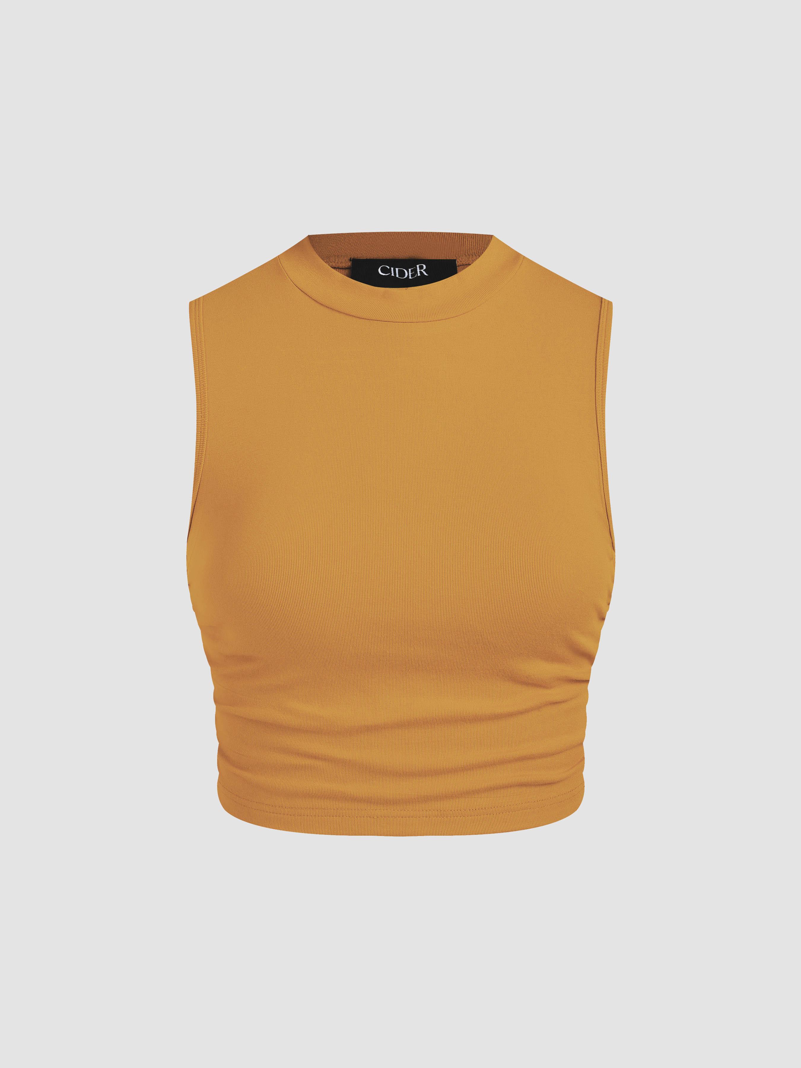Round Neckline Solid Sleeveless Ruched Crop Top by CIDER