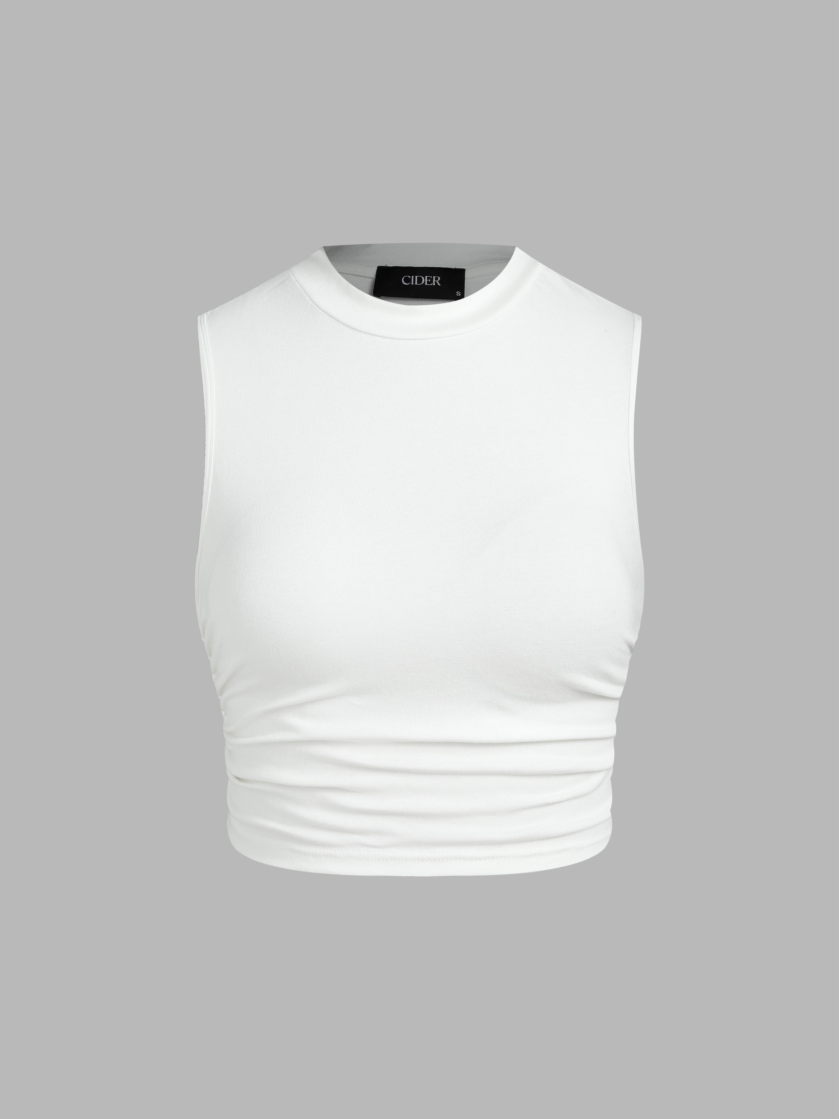 Round Neckline Solid Sleeveless Ruched Crop Top by CIDER