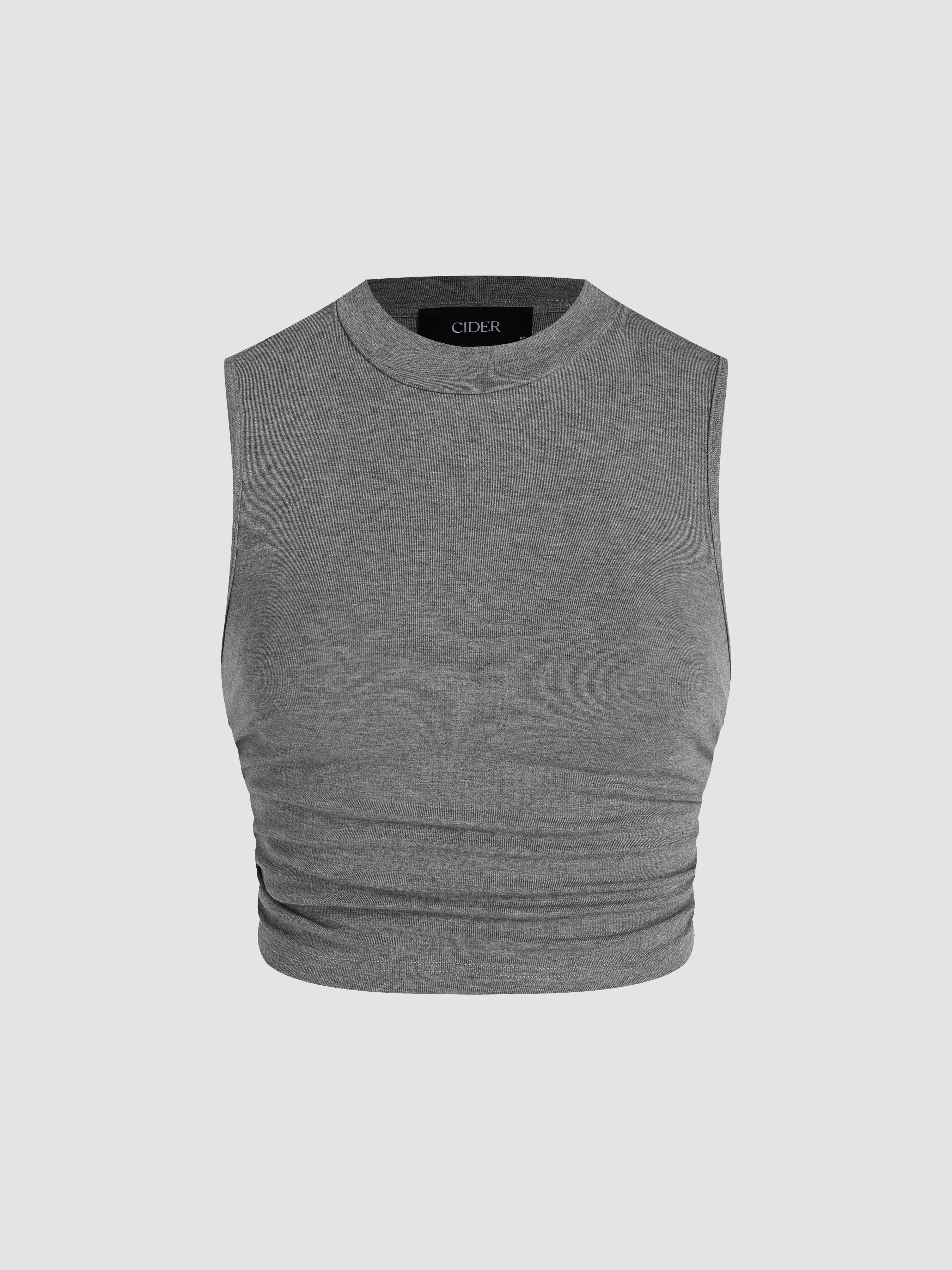 Round Neckline Solid Sleeveless Ruched Crop Top by CIDER