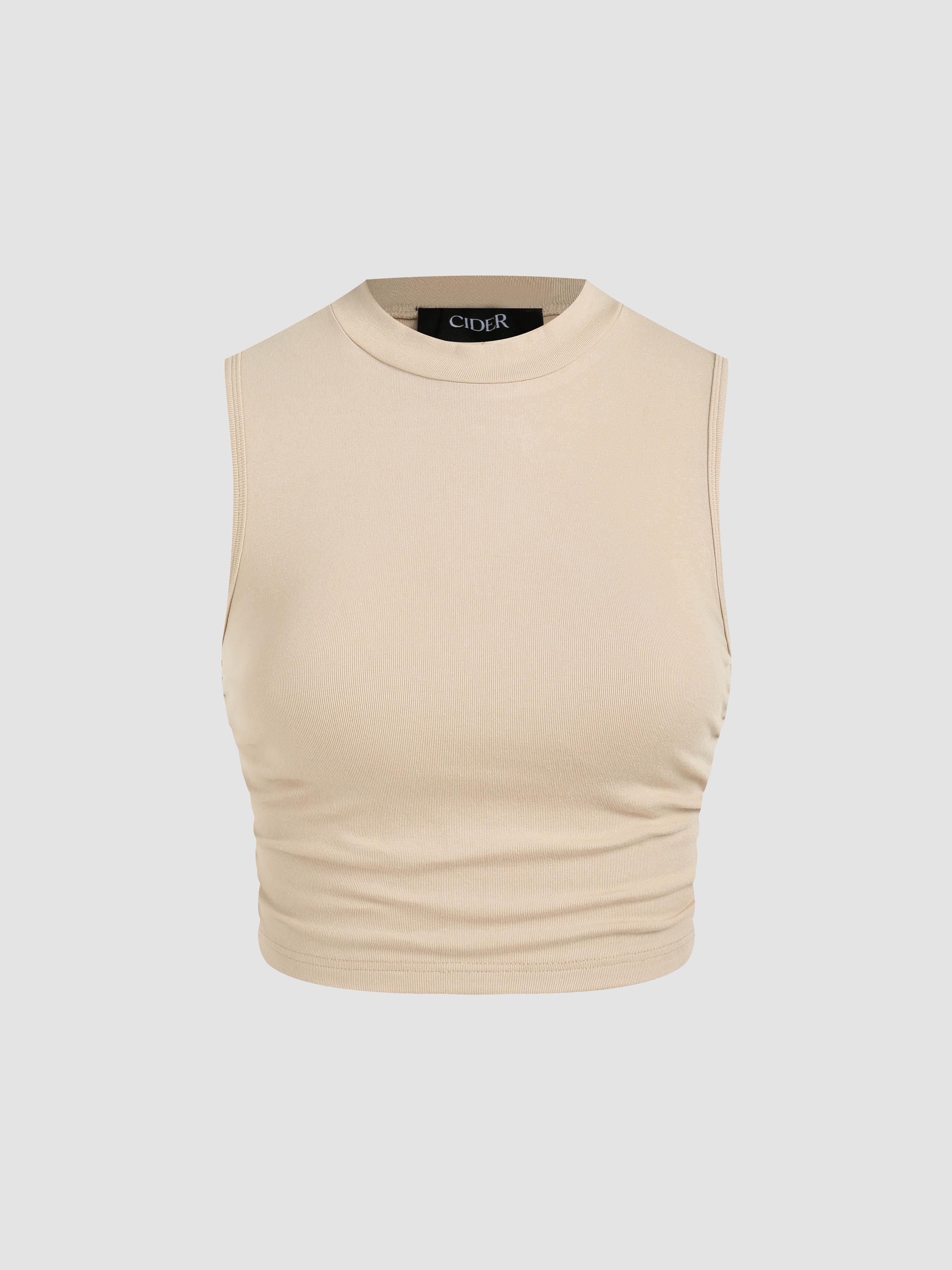 Round Neckline Solid Sleeveless Ruched Crop Top by CIDER