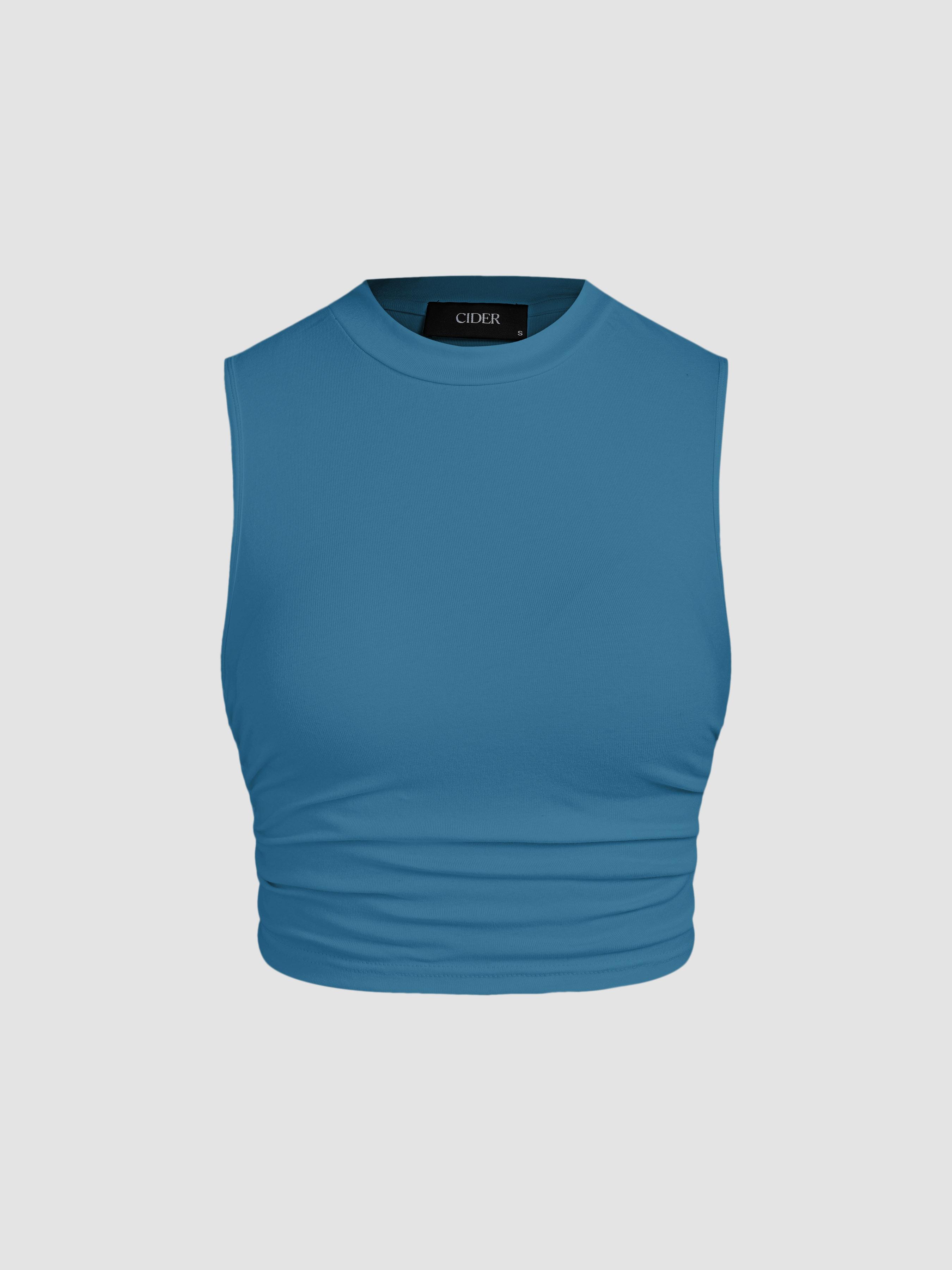Round Neckline Solid Sleeveless Ruched Crop Top by CIDER