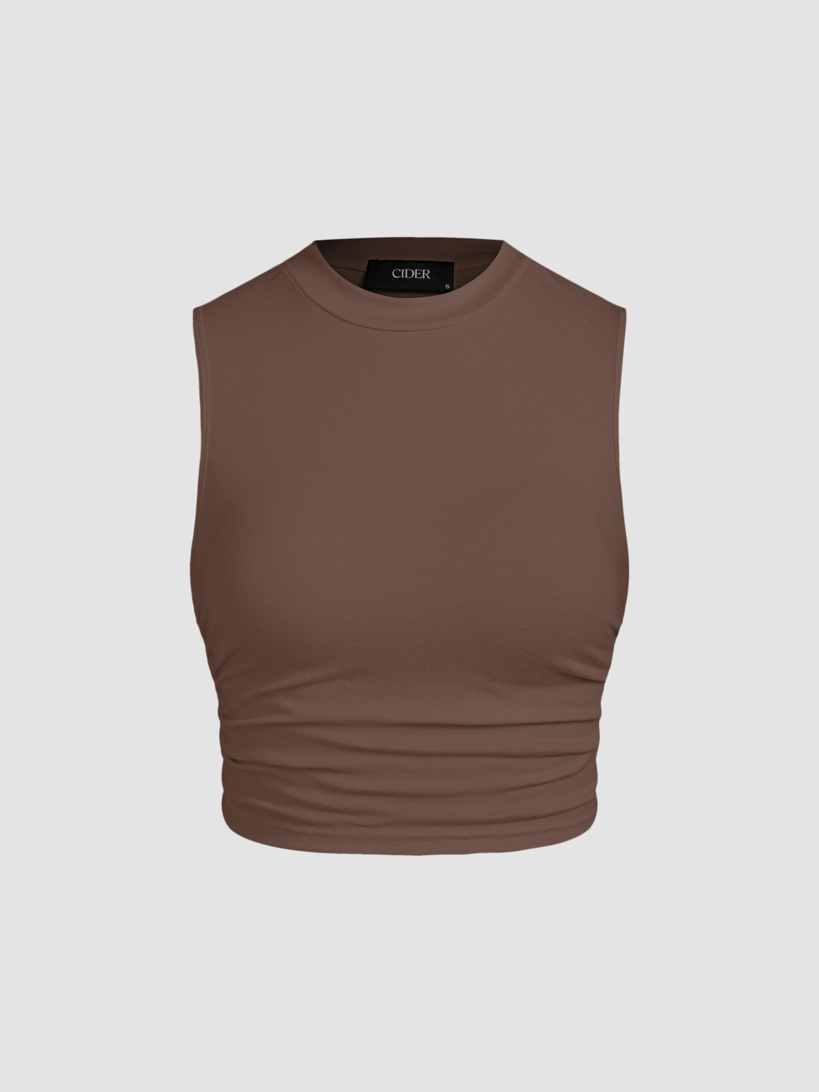 Round Neckline Solid Sleeveless Ruched Crop Top by CIDER
