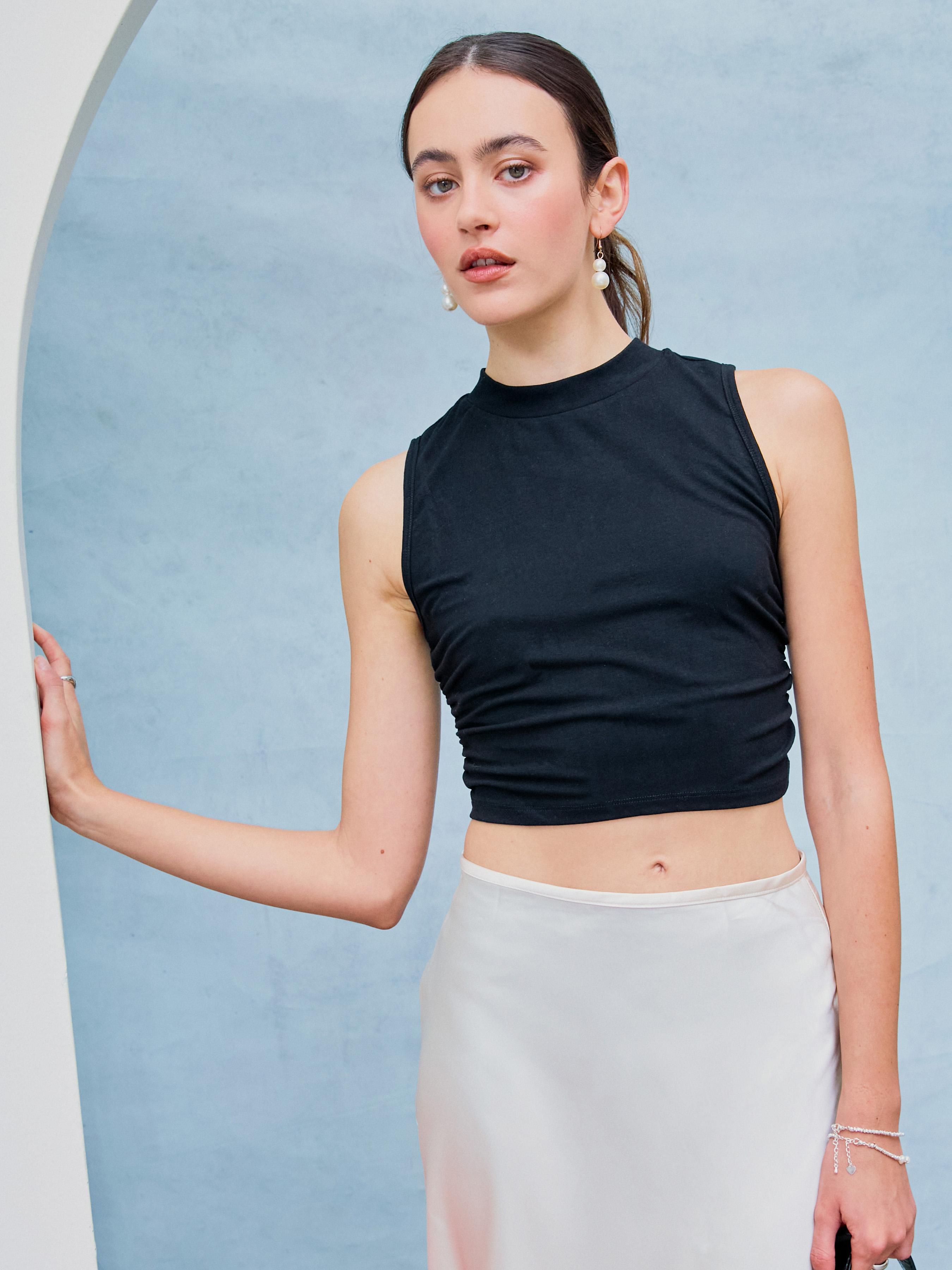 Round Neckline Solid Sleeveless Ruched Crop Top by CIDER