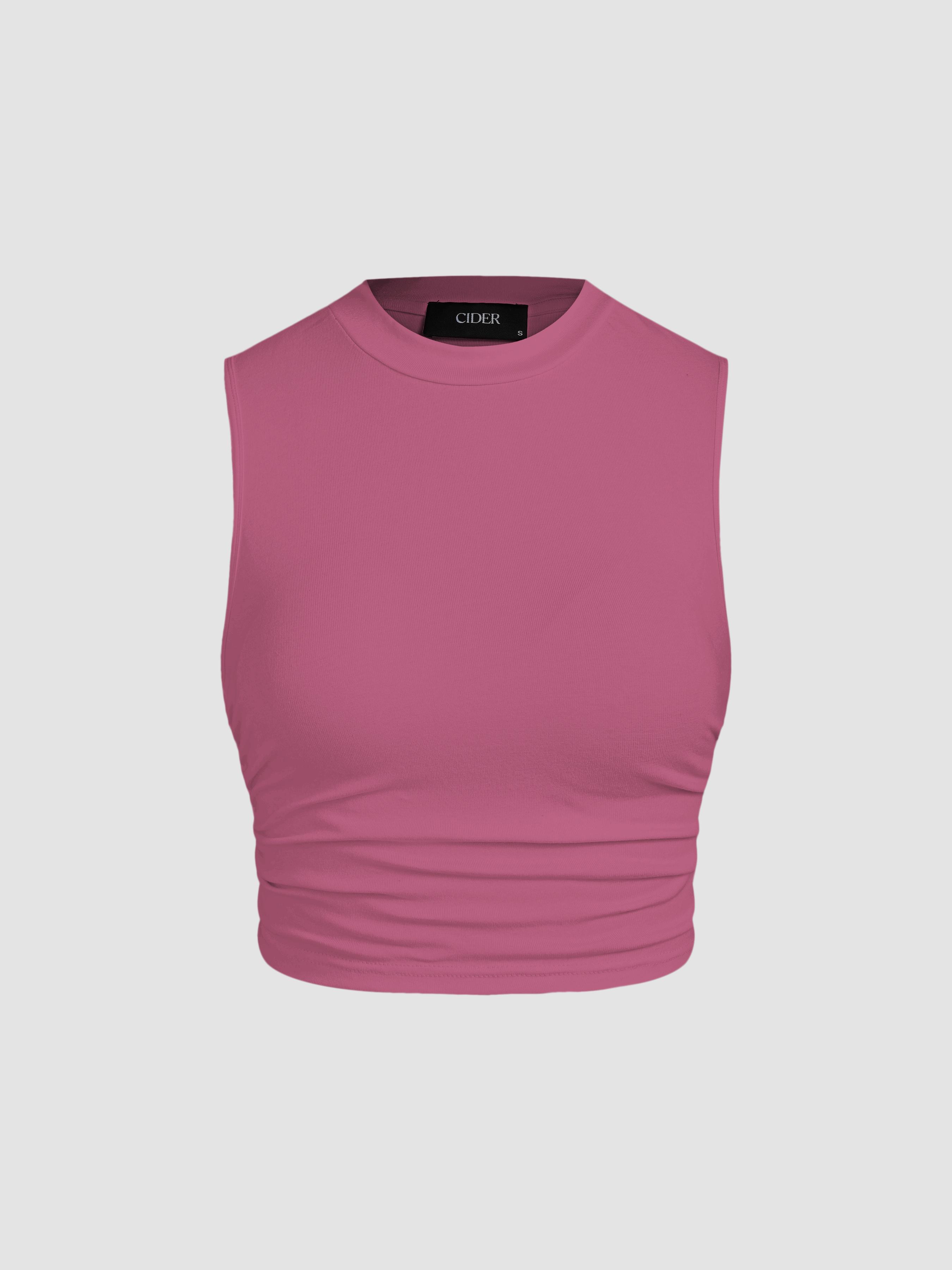 Round Neckline Solid Sleeveless Ruched Crop Top by CIDER