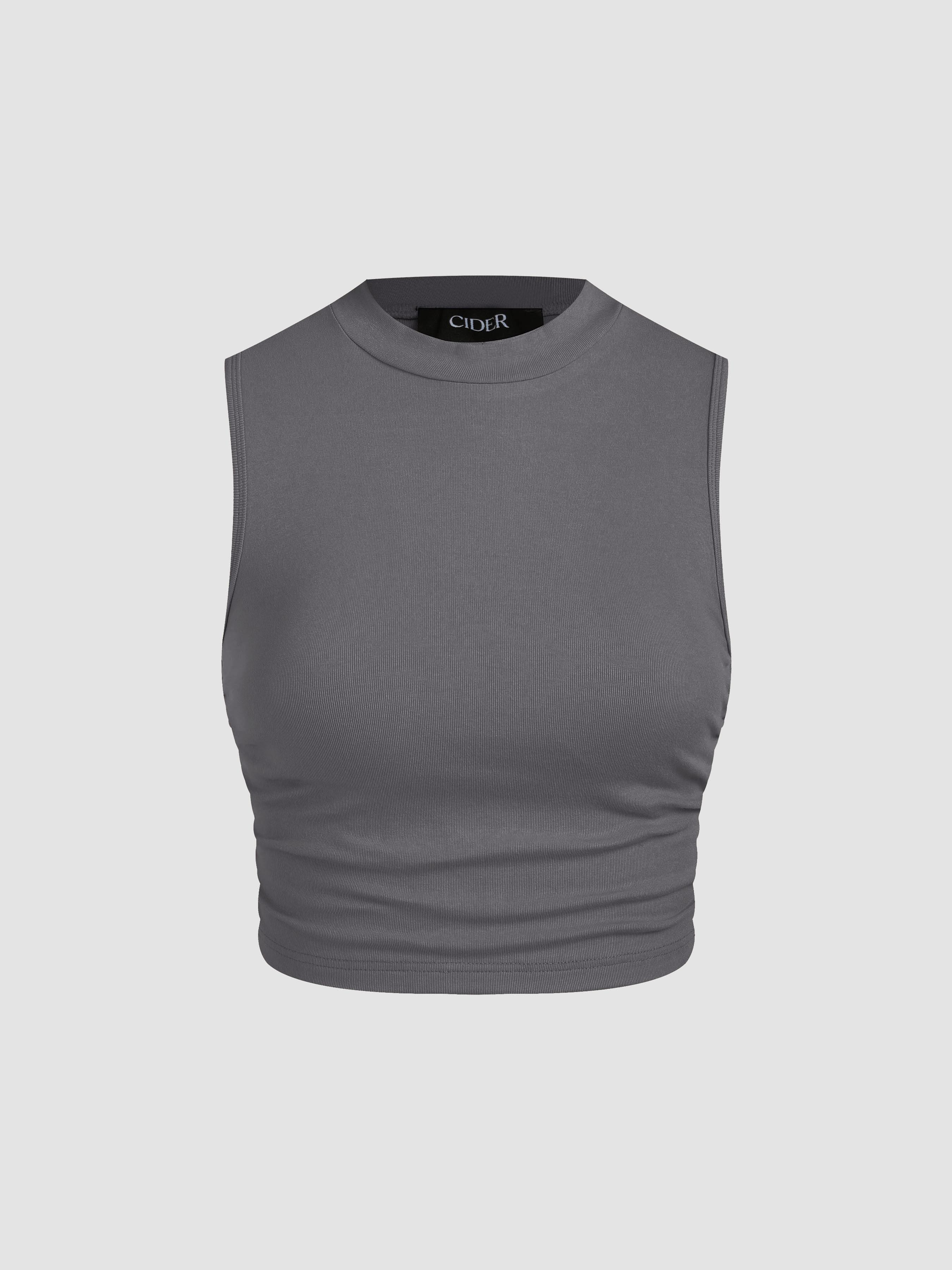 Round Neckline Solid Sleeveless Ruched Crop Top by CIDER