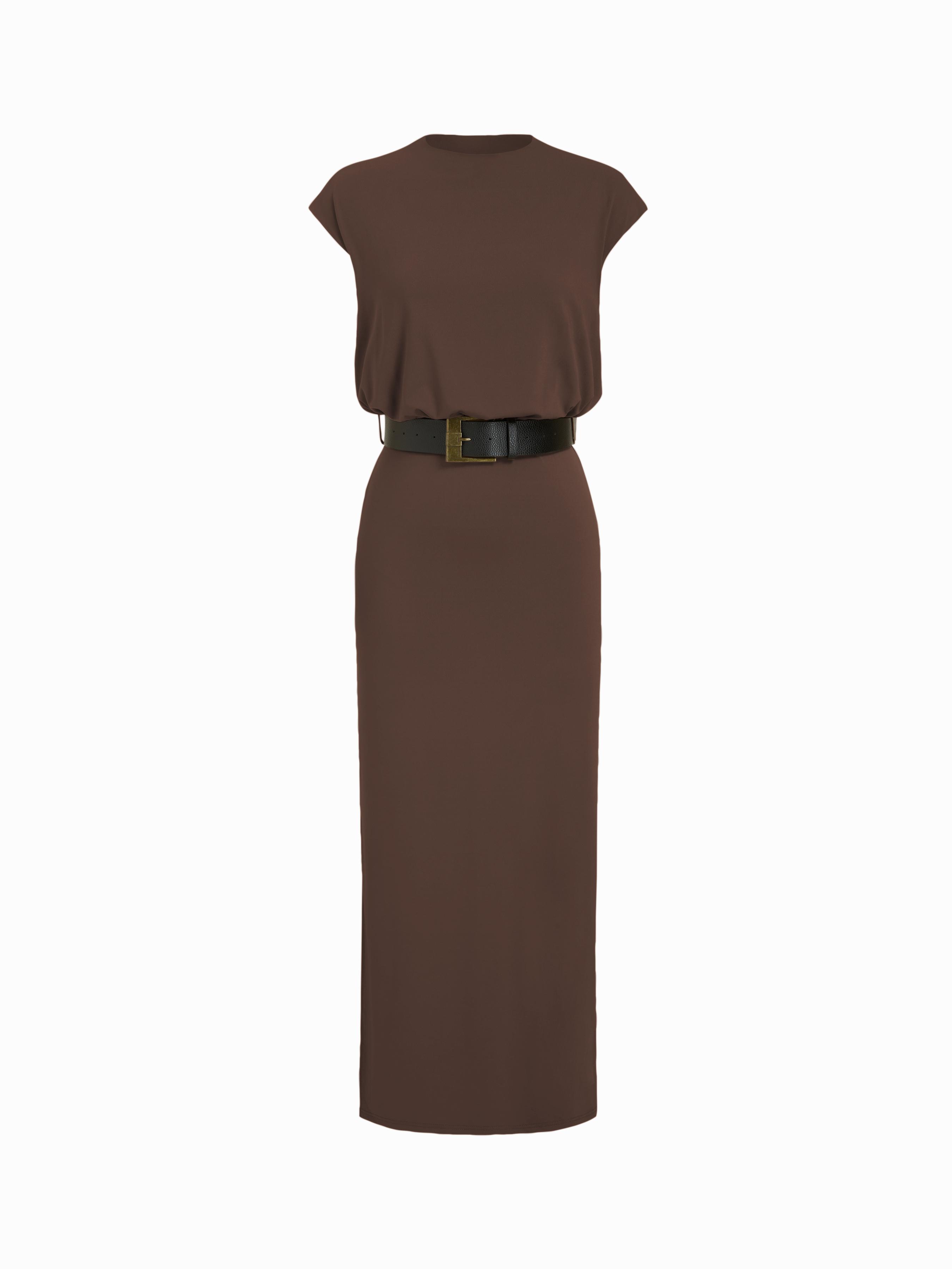 Round Neckline Split Straight Maxi Dress With Belt by CIDER