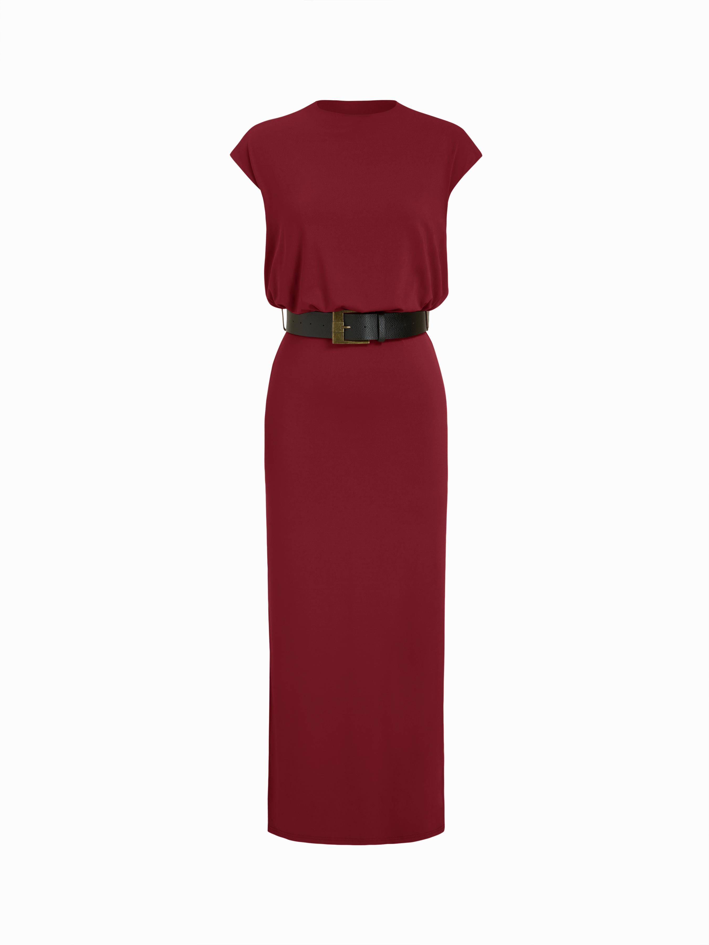 Round Neckline Split Straight Maxi Dress With Belt by CIDER