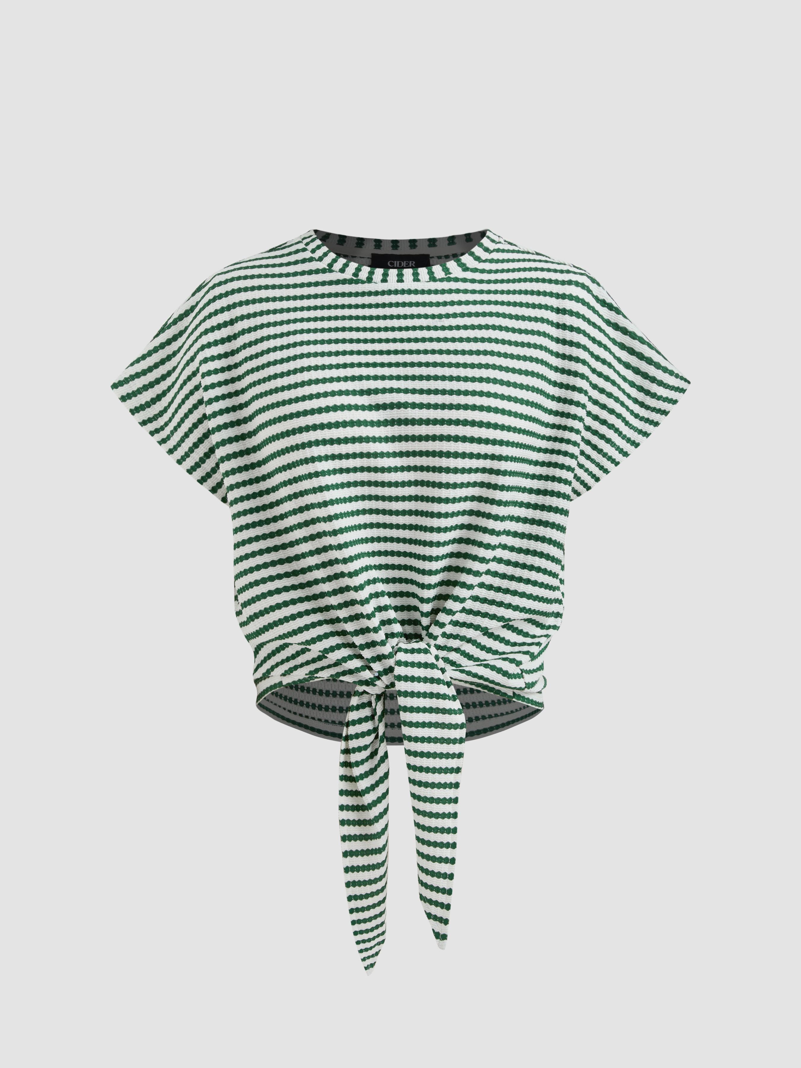 Round Neckline Striped Knotted Short Sleeve Tee by CIDER