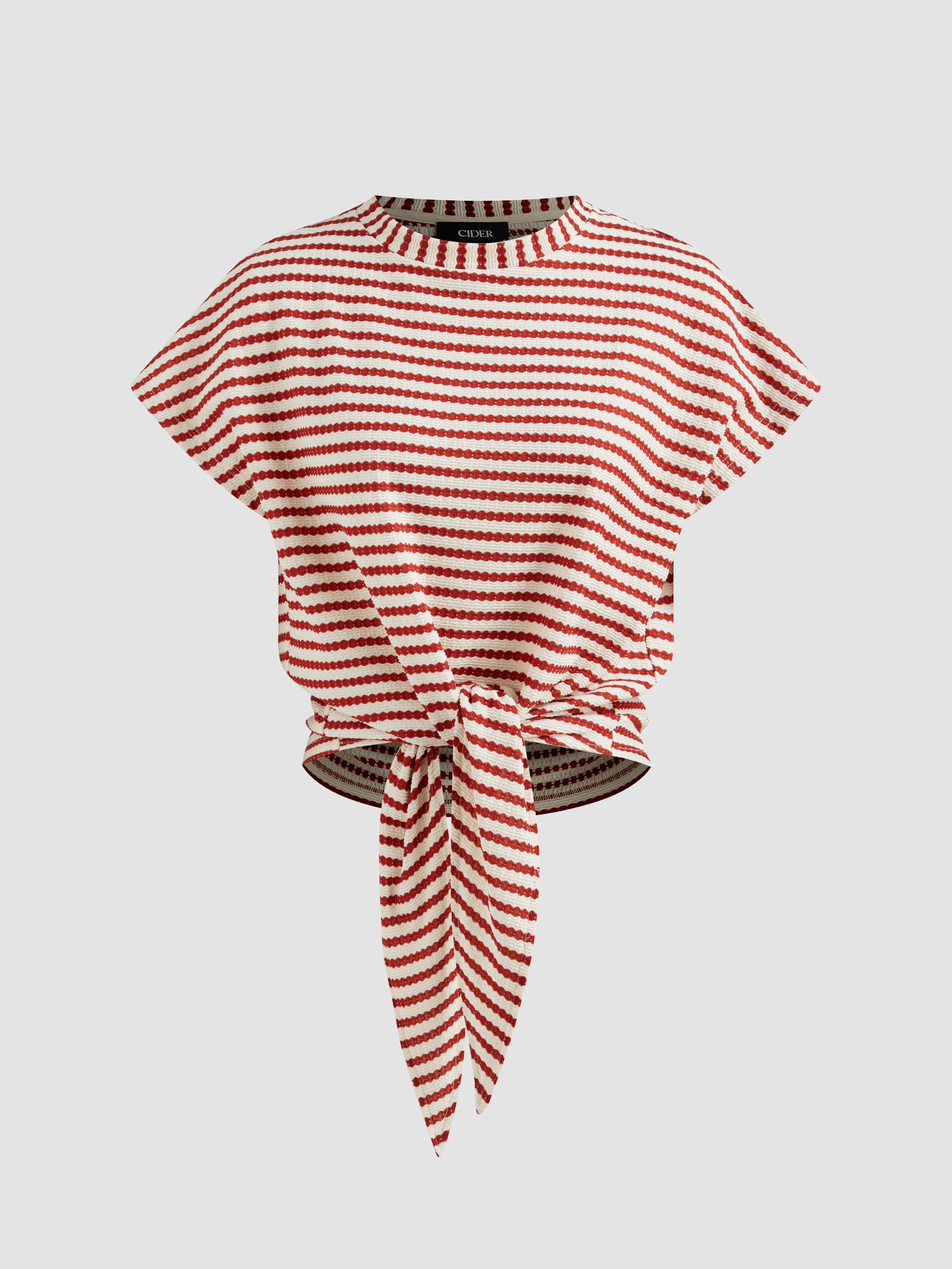 Round Neckline Striped Knotted Short Sleeve Tee by CIDER