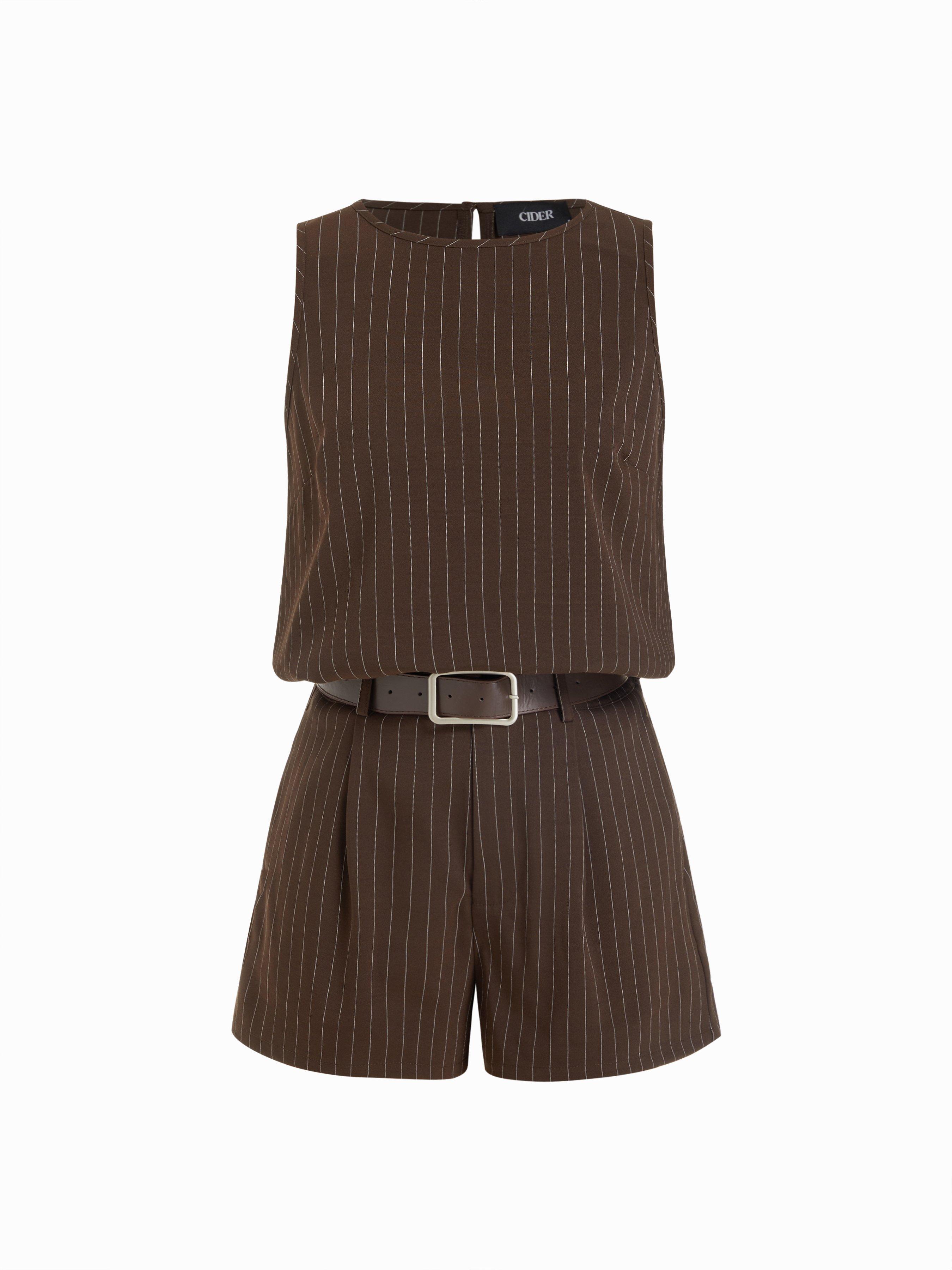 Round Neckline Striped Top & Mid Rise Striped Shorts Set with Belt by CIDER
