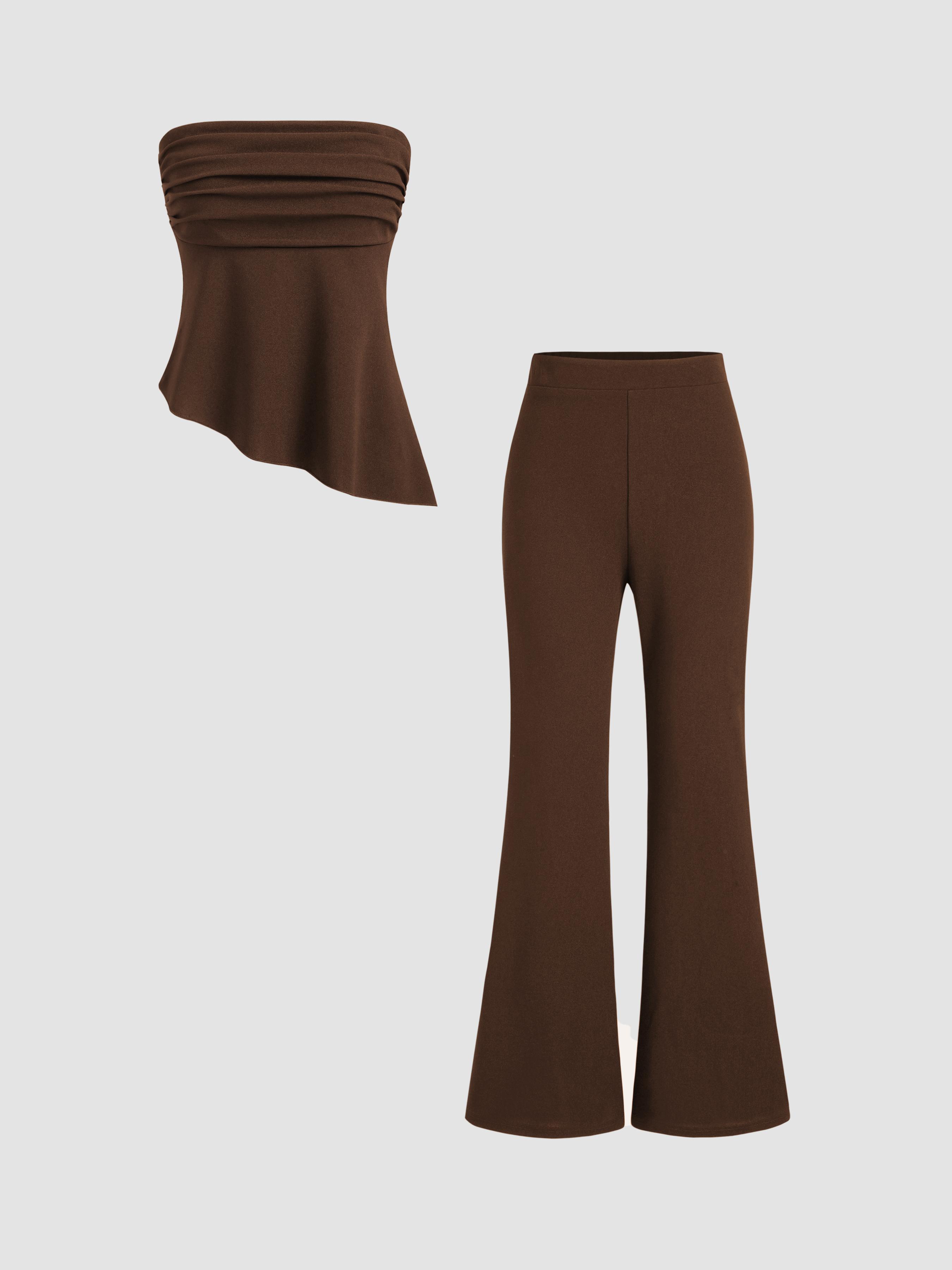 Ruched Asymmetrical Hem Bandeau Top & Mid Rise Flared Trousers Set by CIDER Ruched Asymmetrical Hem Bandeau Top & Mid Rise Flared Trousers Set by CIDER