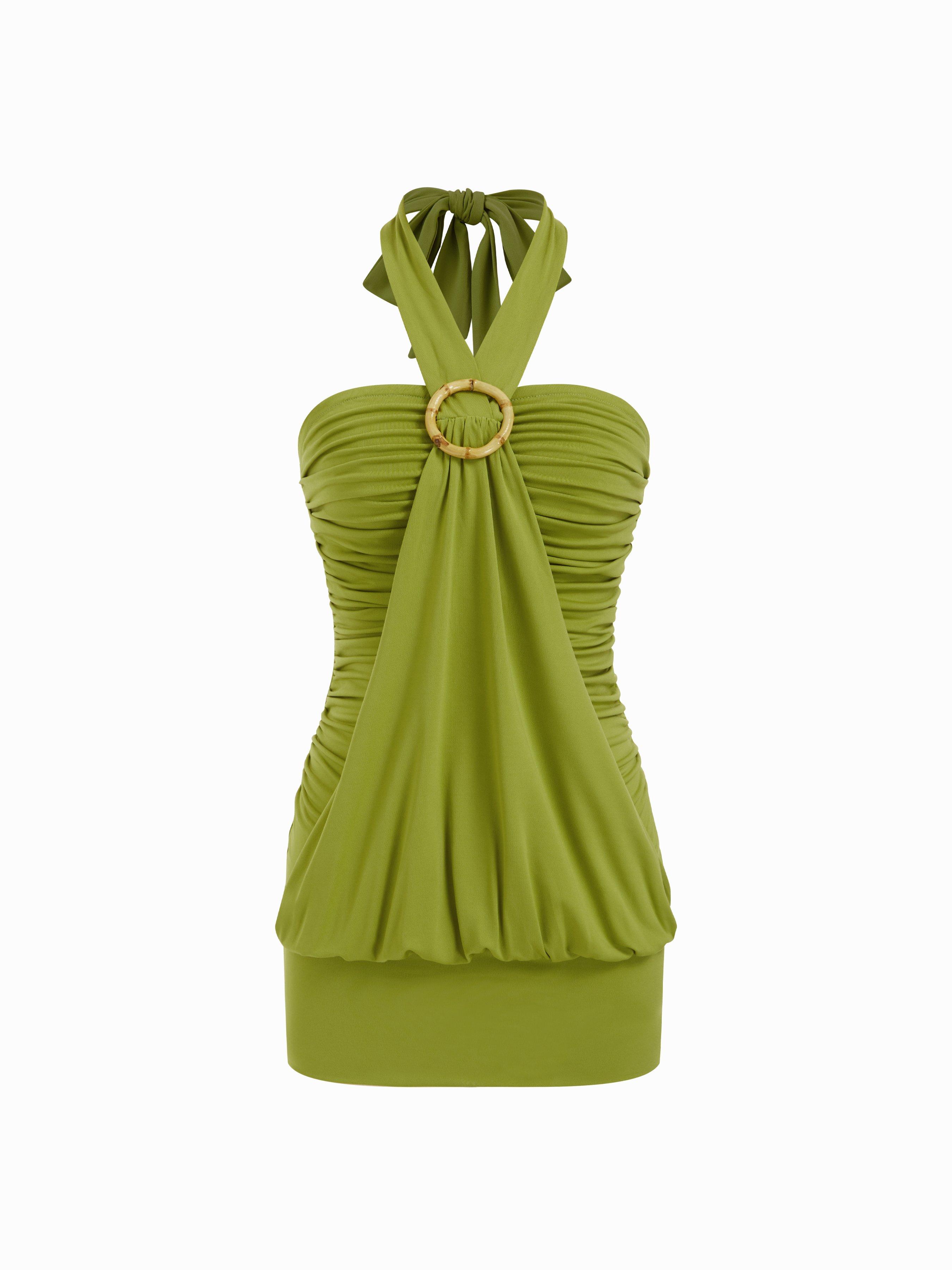 Ruched Bamboo Ring Halter Neckline Mini Dress by CIDER