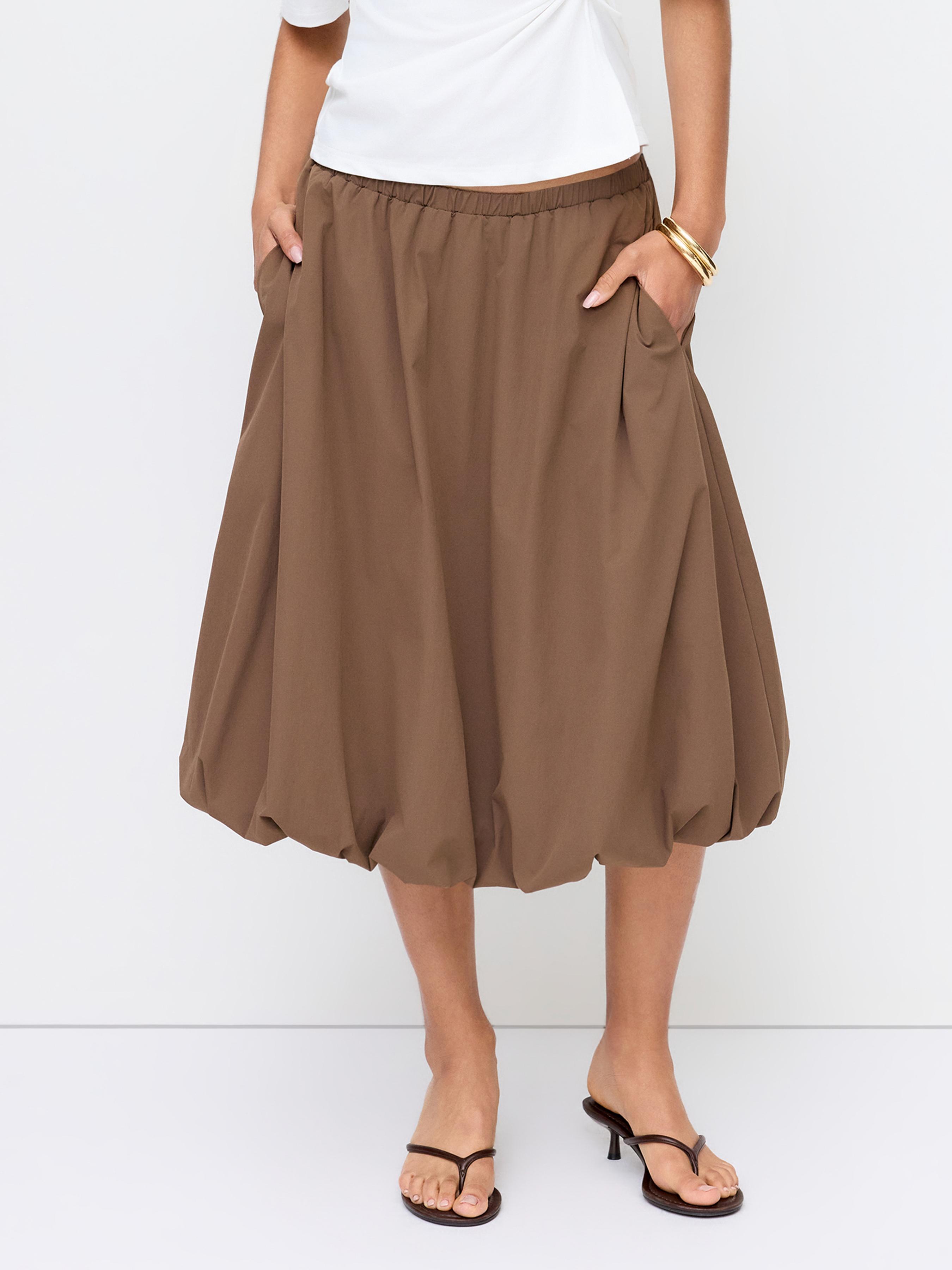 Ruched Bubble Hem Mid Rise Oversized Midi Skirt by CIDER