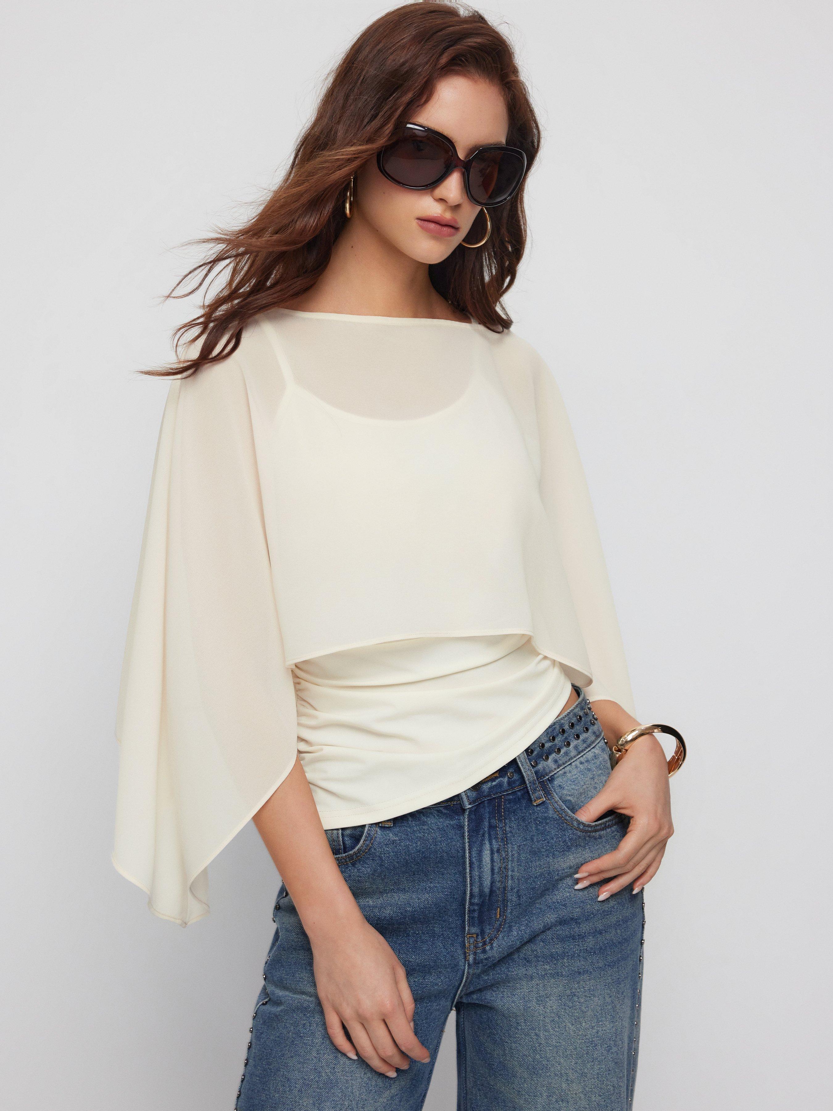 Ruched Cami Top & Chiffon Boat Neck Cape by CIDER