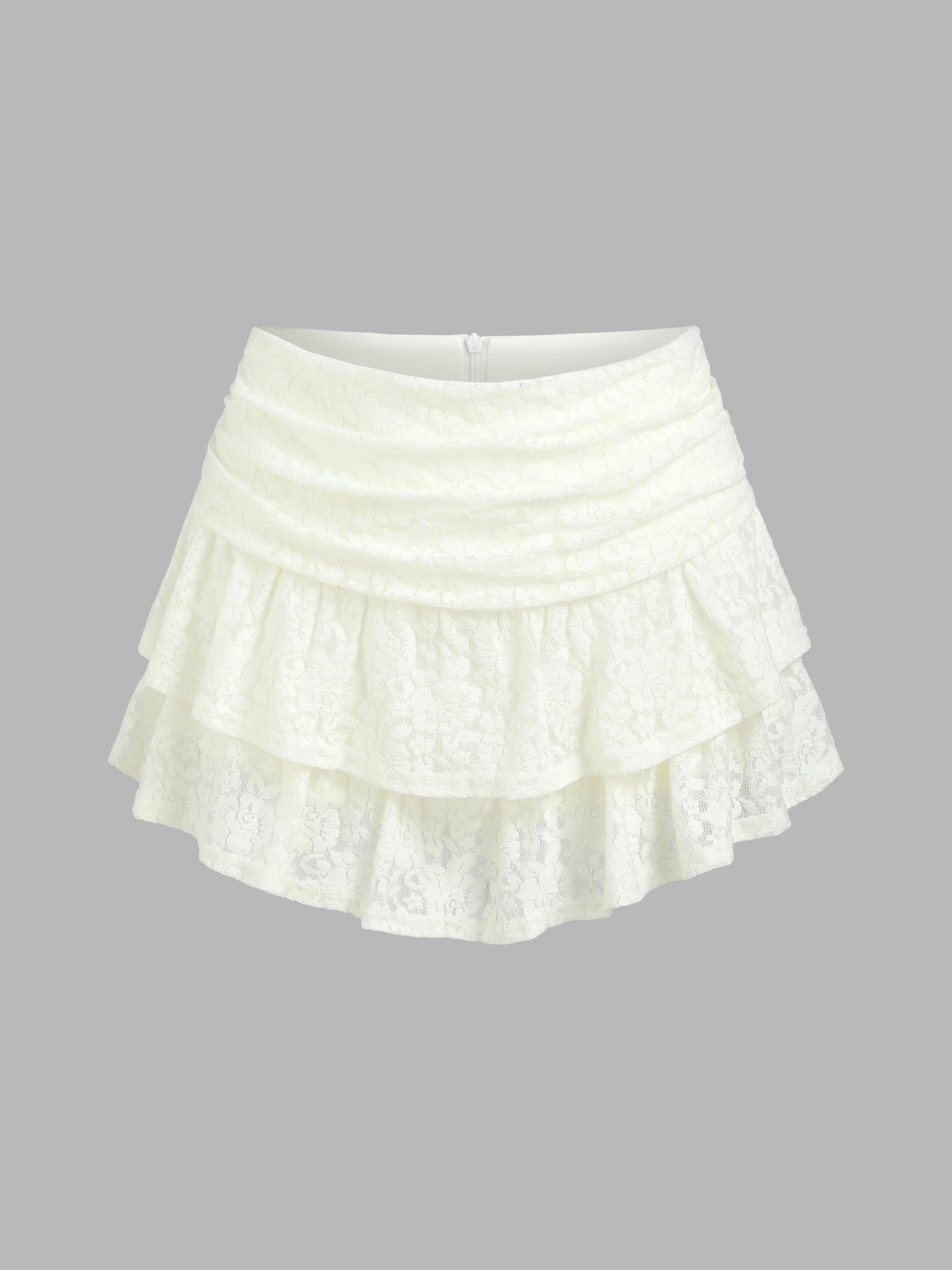 Ruched Floral Lace Layered Mini Skort by CIDER Ruched Floral Lace Layered Mini Skort by CIDER