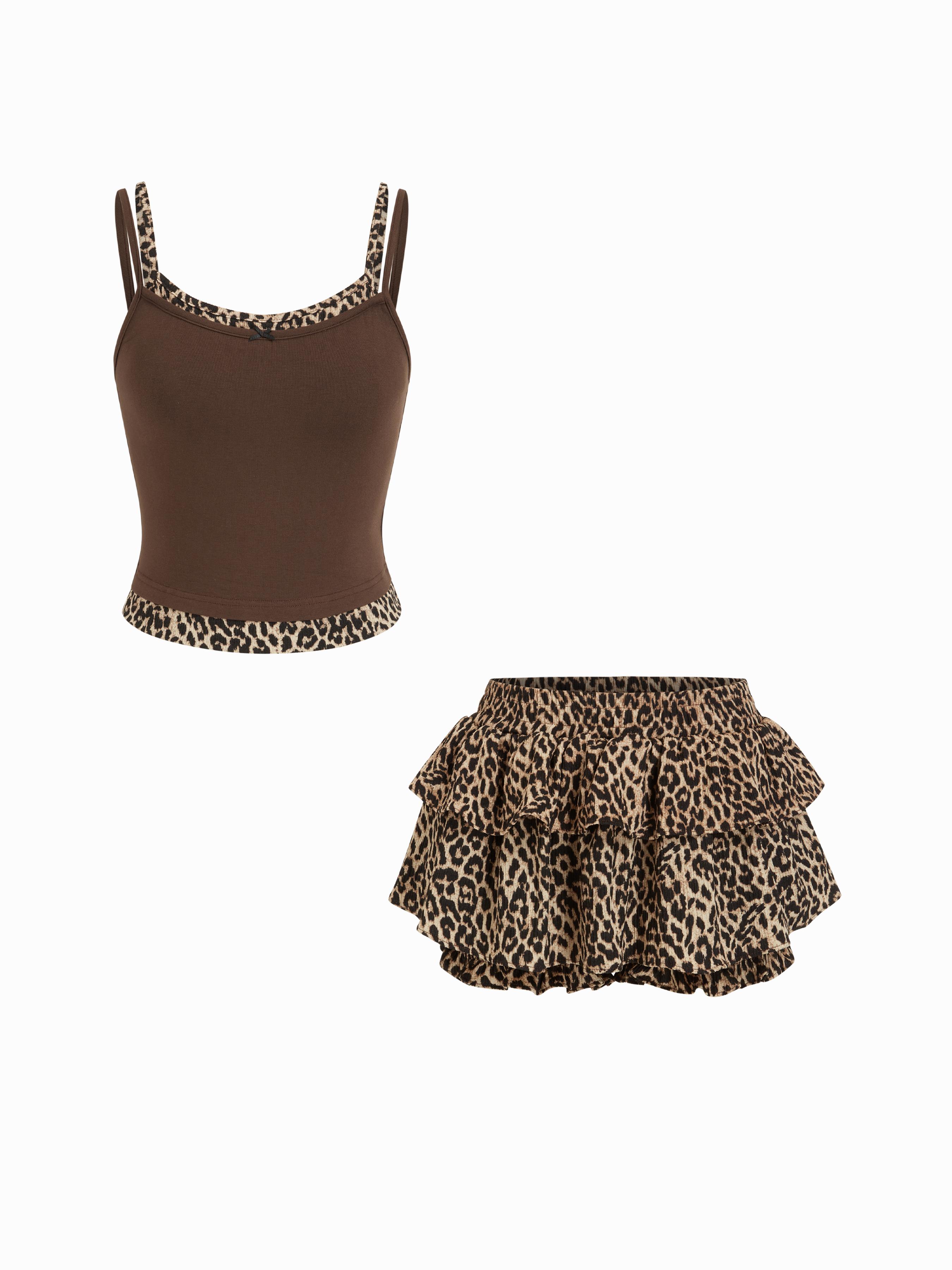 Ruched Scoop Neck Leopard Print Cami Top & Mid Rise Tiered Shorts Set by CIDER