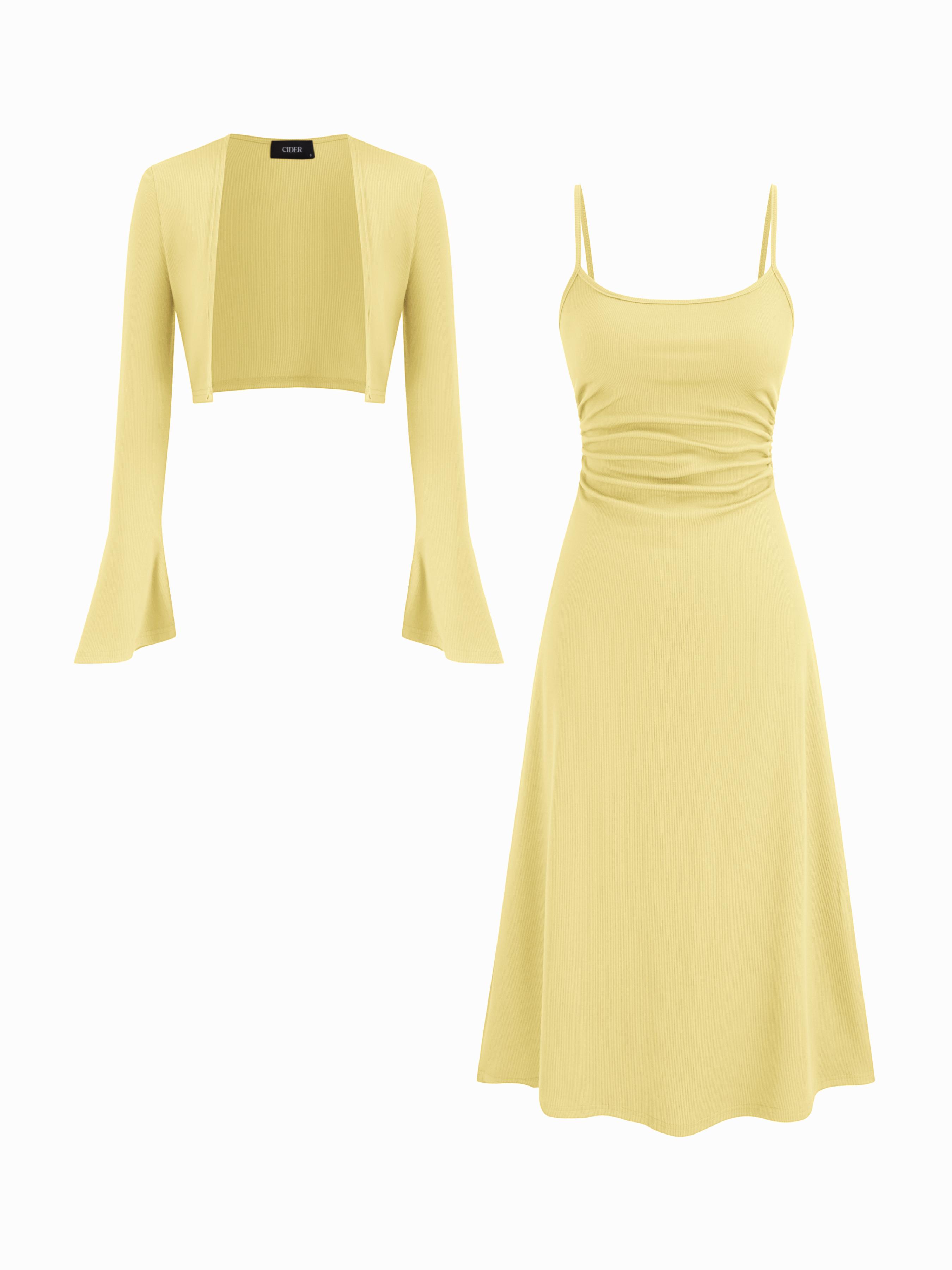 Ruched Solid Cami Maxi Dress & Solid Long Sleeve Shrug by CIDER