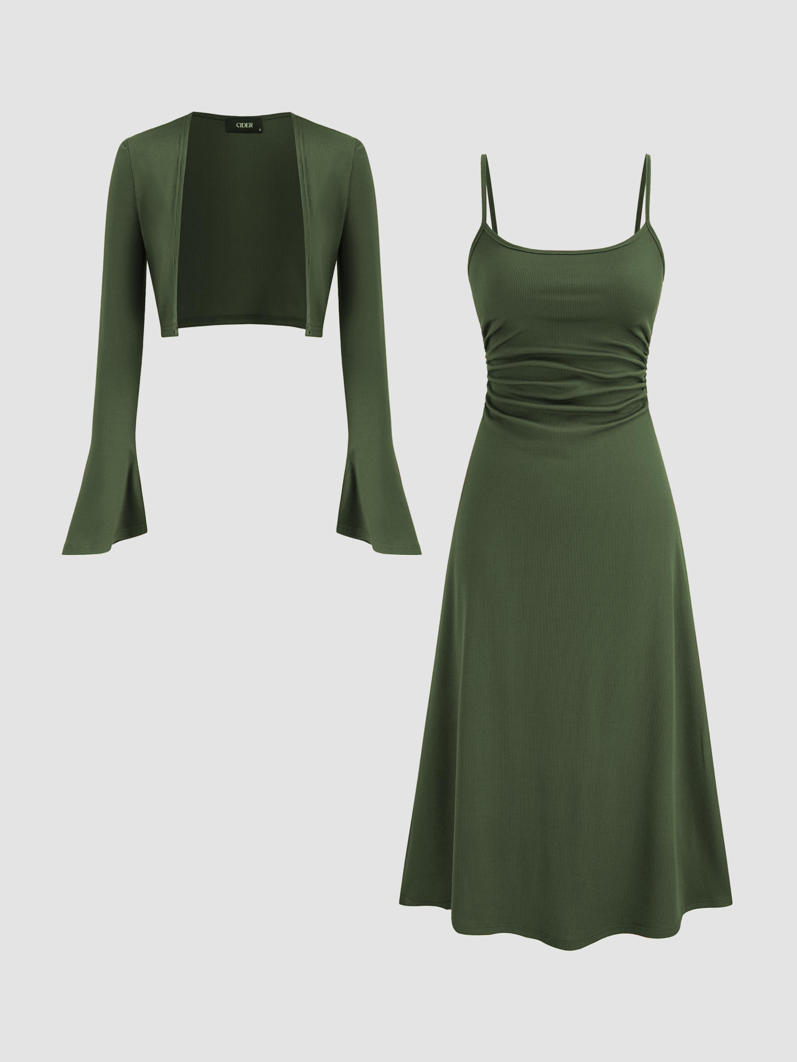 Ruched Solid Cami Maxi Dress & Solid Long Sleeve Shrug by CIDER