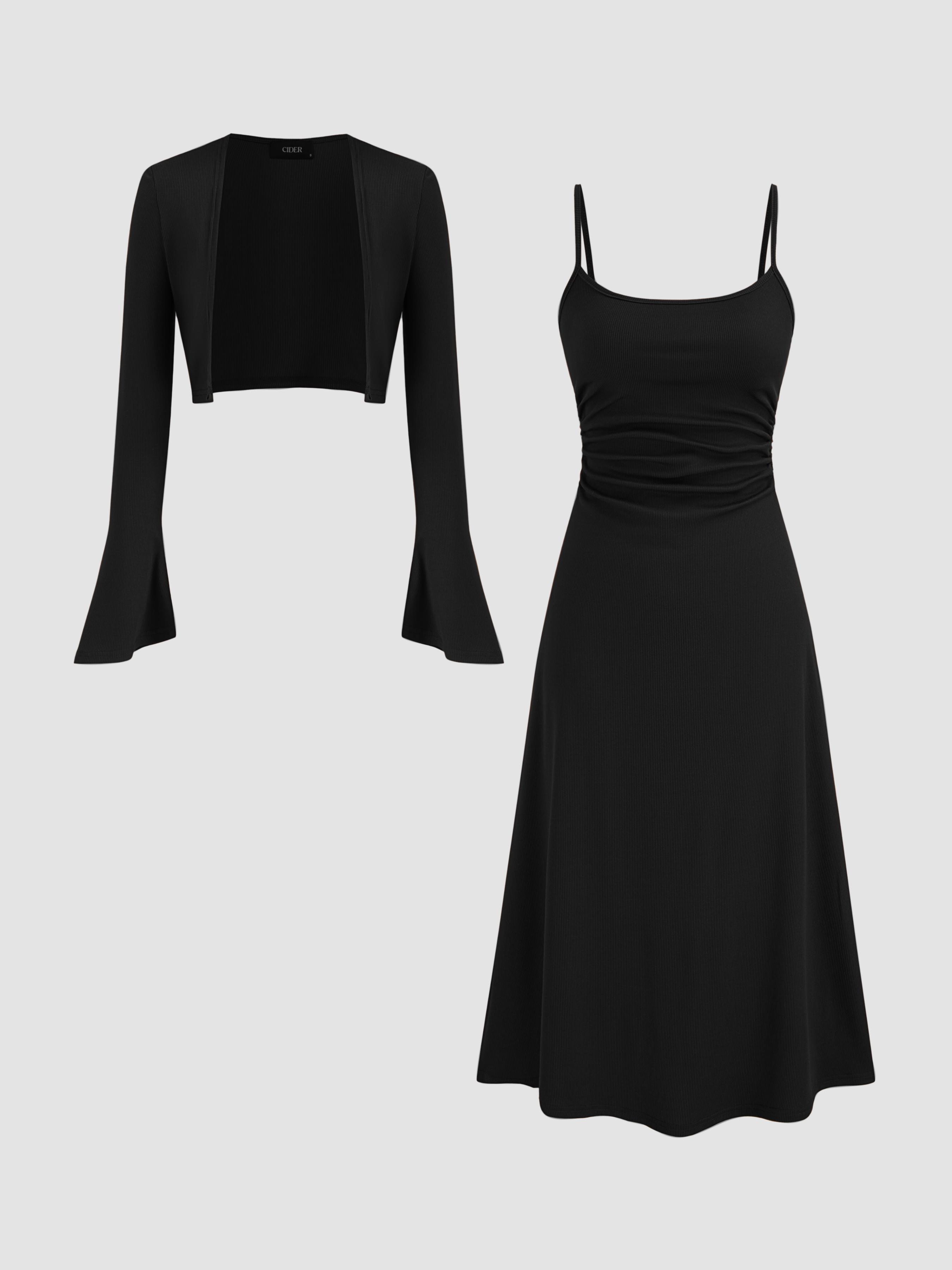 Ruched Solid Cami Maxi Dress & Solid Long Sleeve Shrug by CIDER