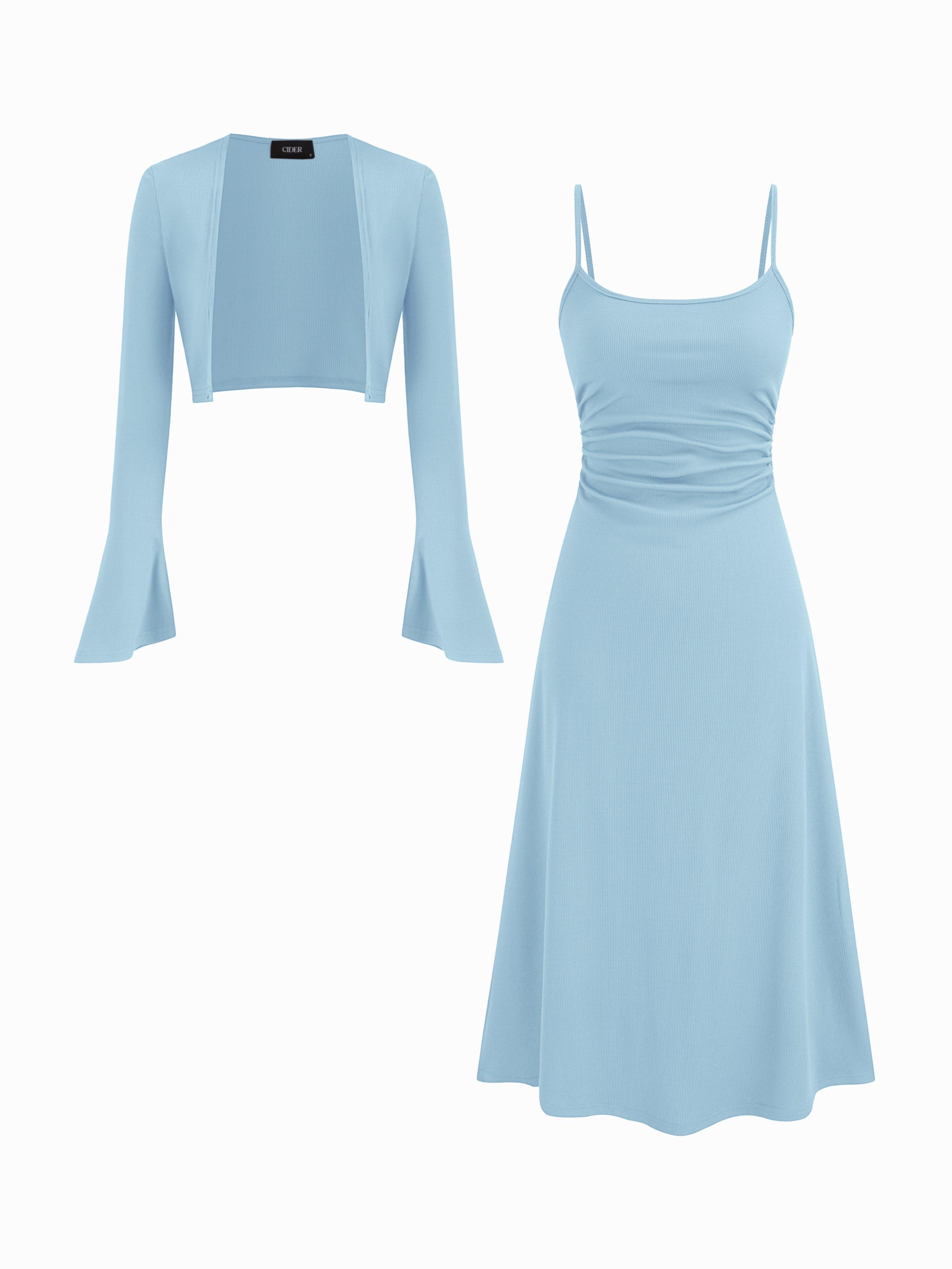 Ruched Solid Cami Maxi Dress & Solid Long Sleeve Shrug by CIDER