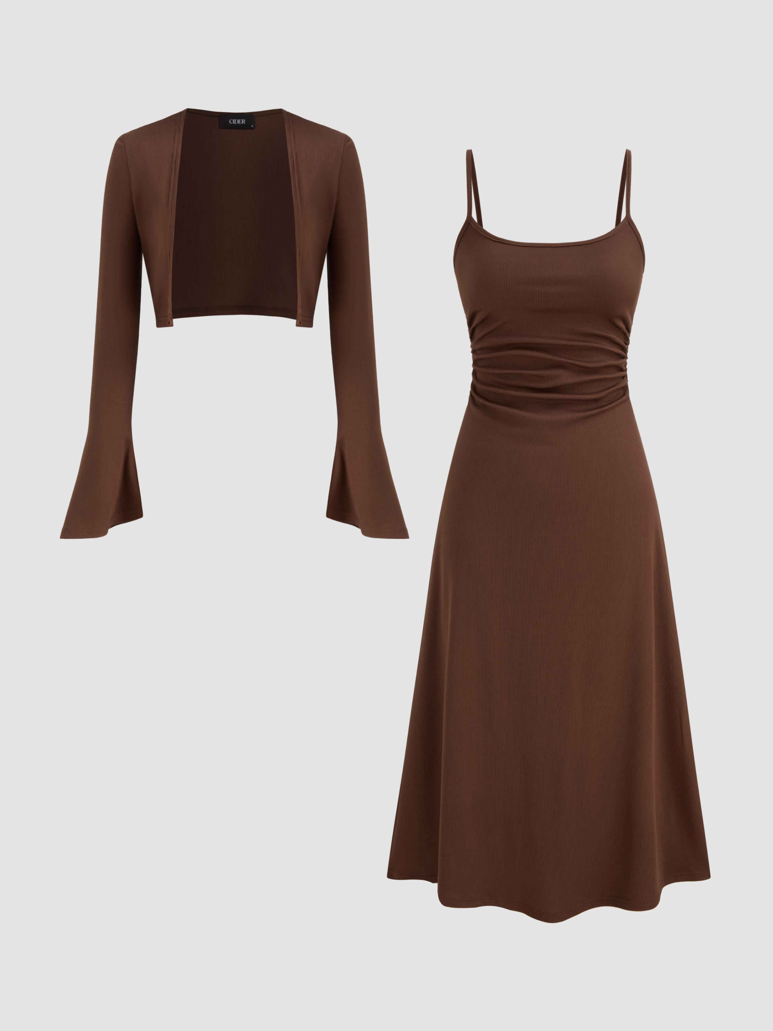 Ruched Solid Cami Maxi Dress & Solid Long Sleeve Shrug by CIDER