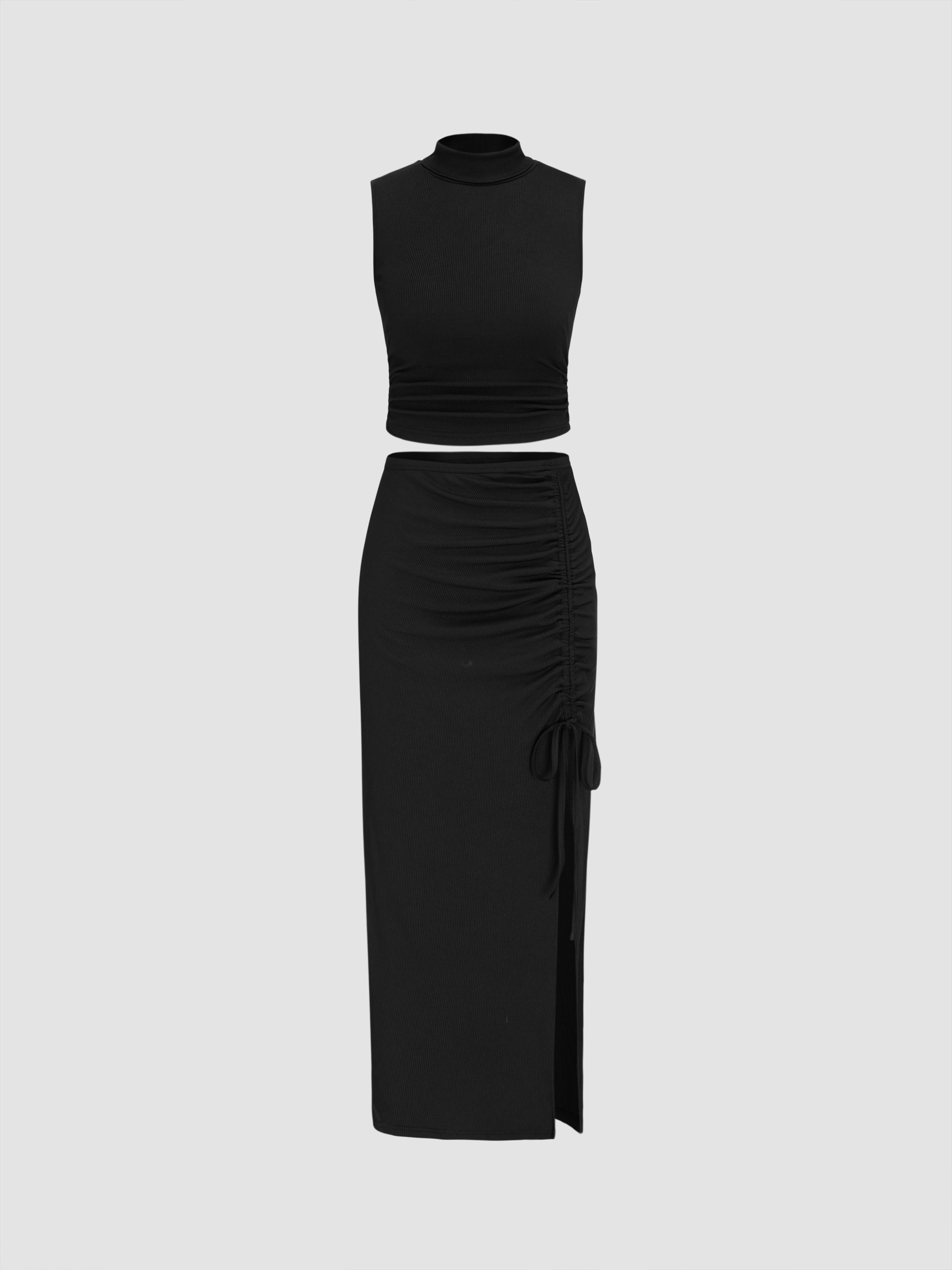 Ruched Tank Top & Knotted Ruched Split Maxi Skirt by CIDER