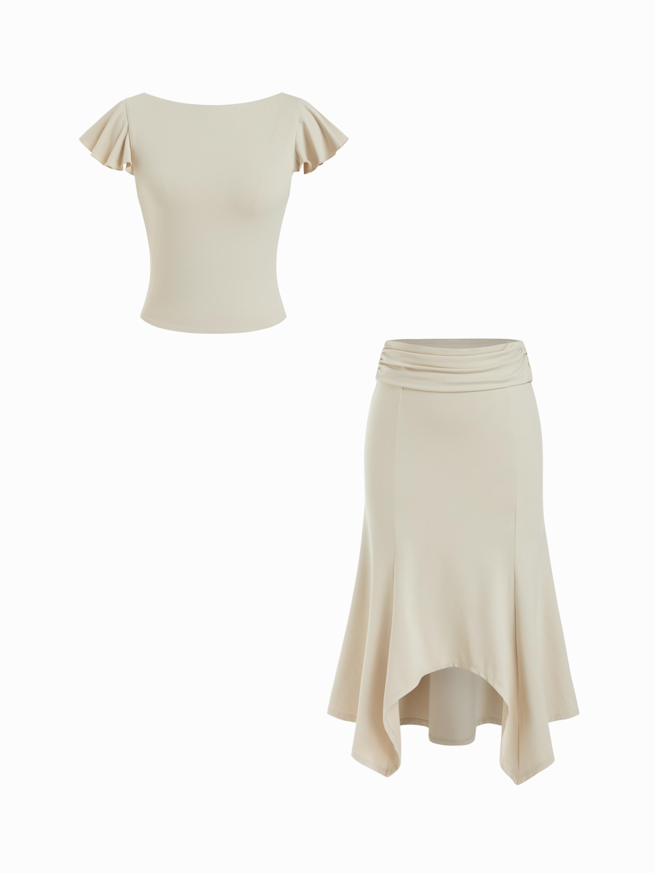 Ruffled Sleeve Backless Crop Top & Low Rise Asymmetrical Hem Skirt Set by CIDER